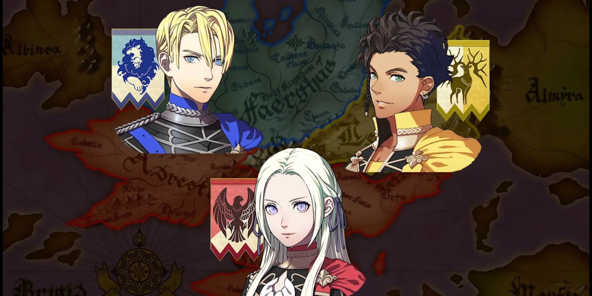 Fire Emblem Three Houses screenshot of images of the three young leaders of different nations.