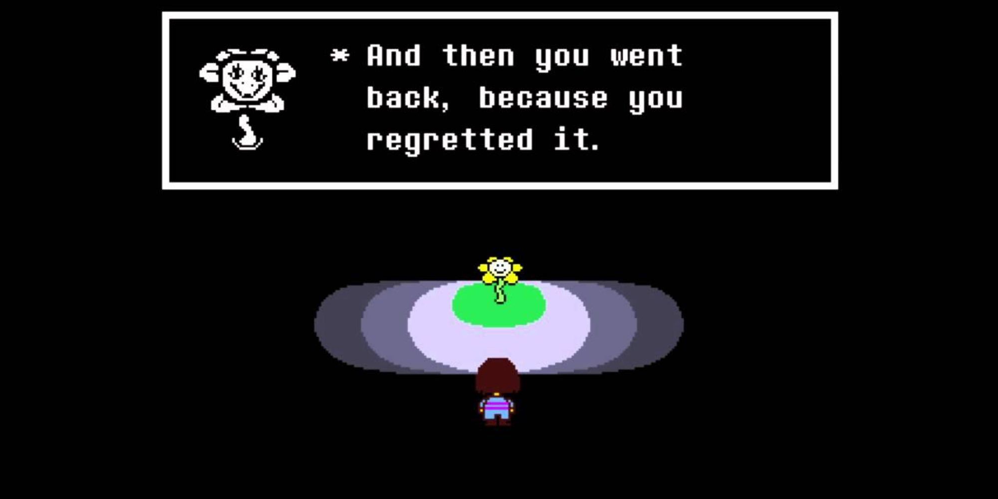 Undertale screenshot of Flowey remembering your actions and saying you will regret it.