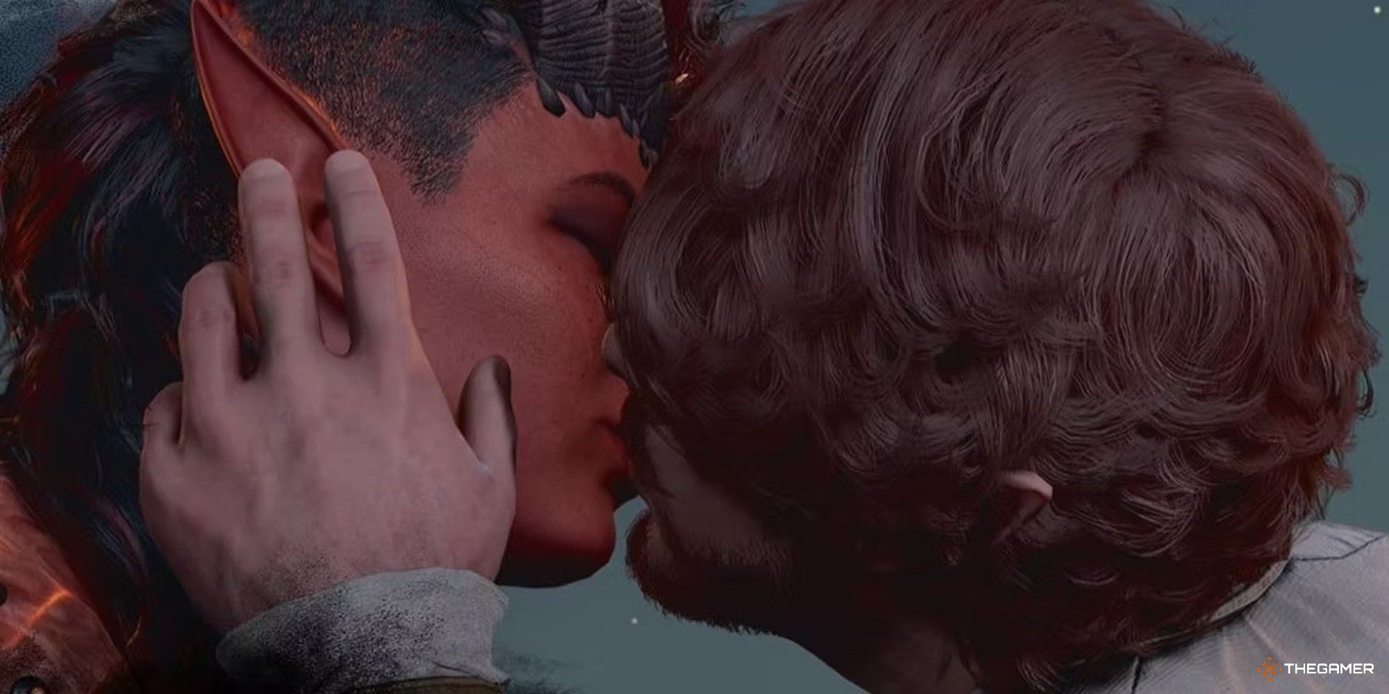 Baldur's Gate 3 screenshot of the protagonist kissing Karlach.