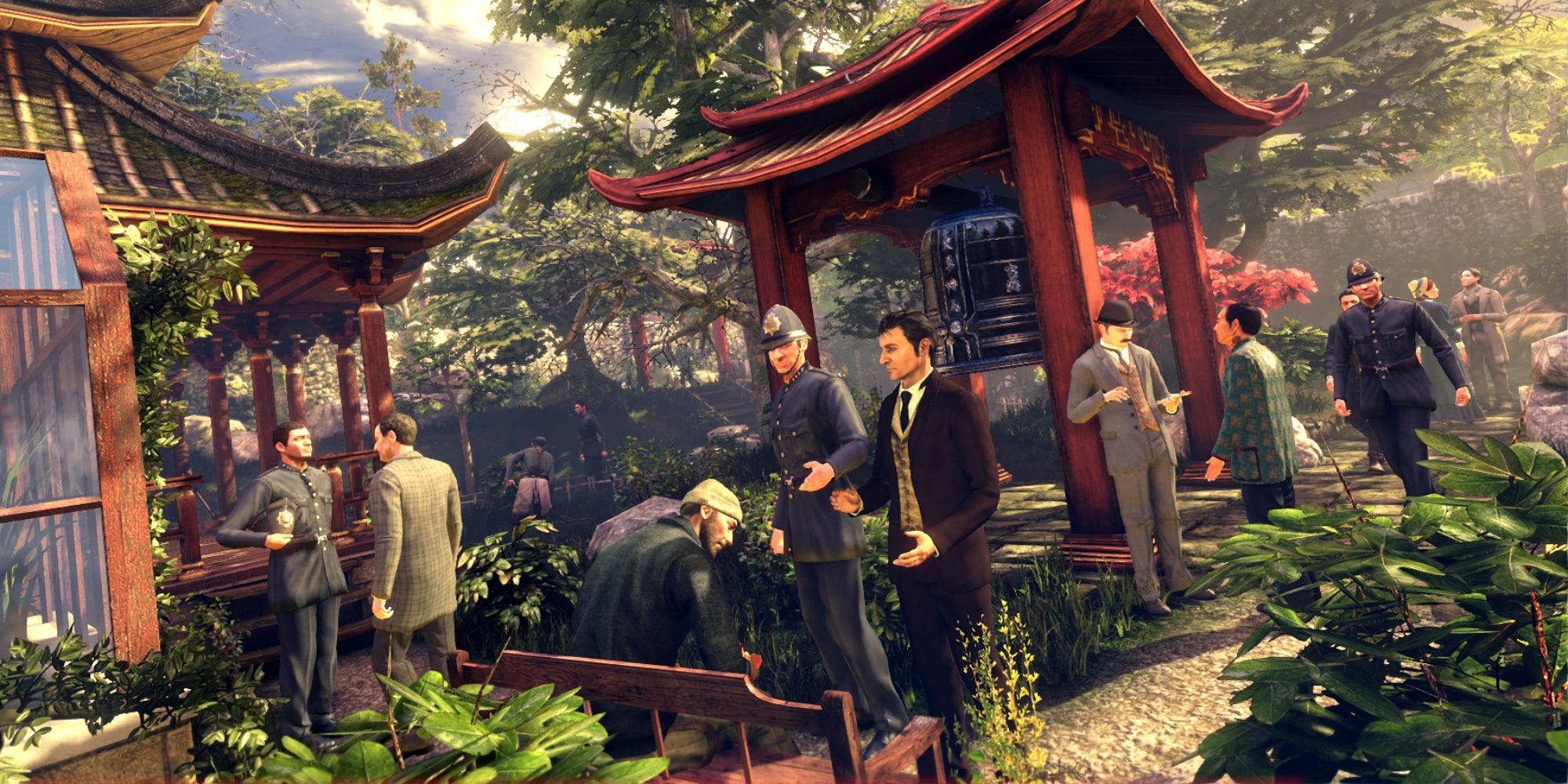 Sherlock Holmes Crimes And Punishments Screenshot Of Sherlock Talking To Witness near temples.