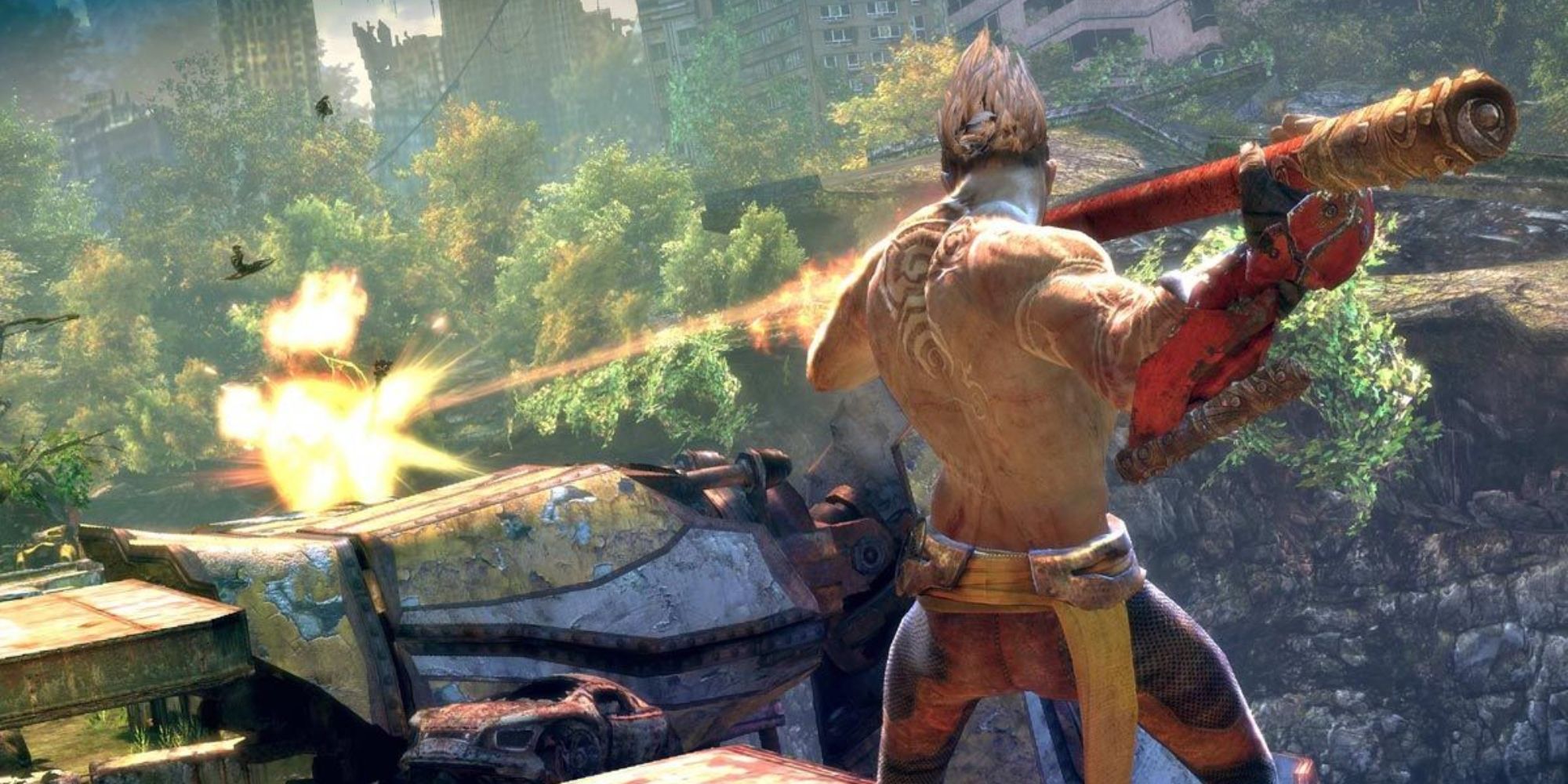 The main character shooting a beam of light out of his staff.