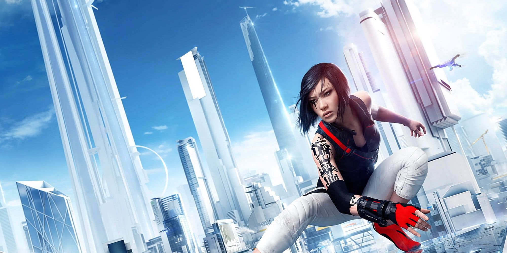 Faith from Mirror's Edge Catalyst striking a pose with the futuristic skyline behind her.