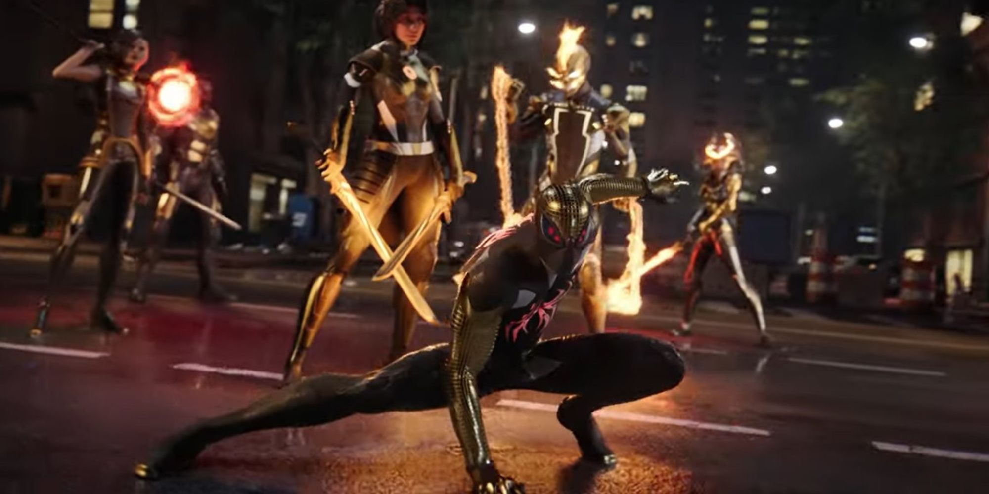 Spider-Man and other heroes stand on a road at night.