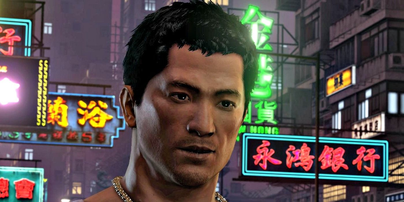 A close-up of Wei Shen from Sleeping Dogs in front of neon-lit alley signs.