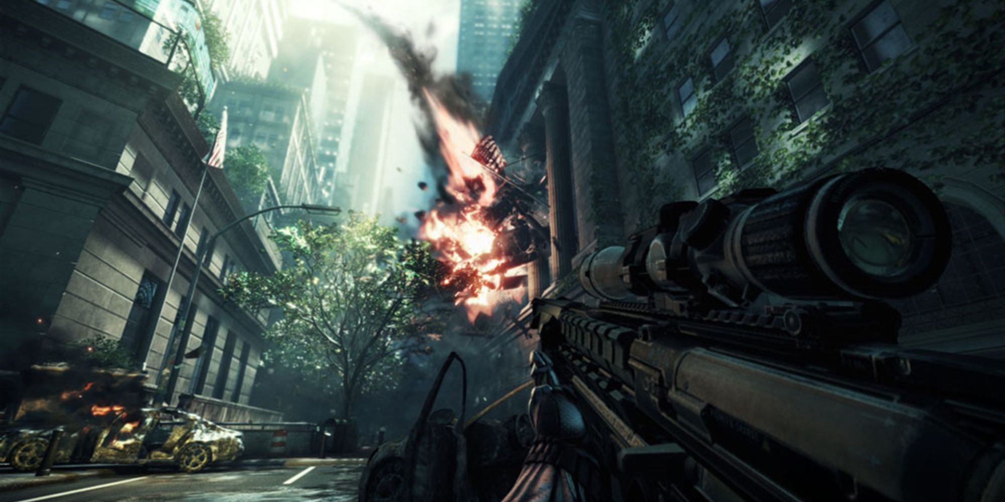 Screenshot of Crysis 2 aiming rifle at big explosion.