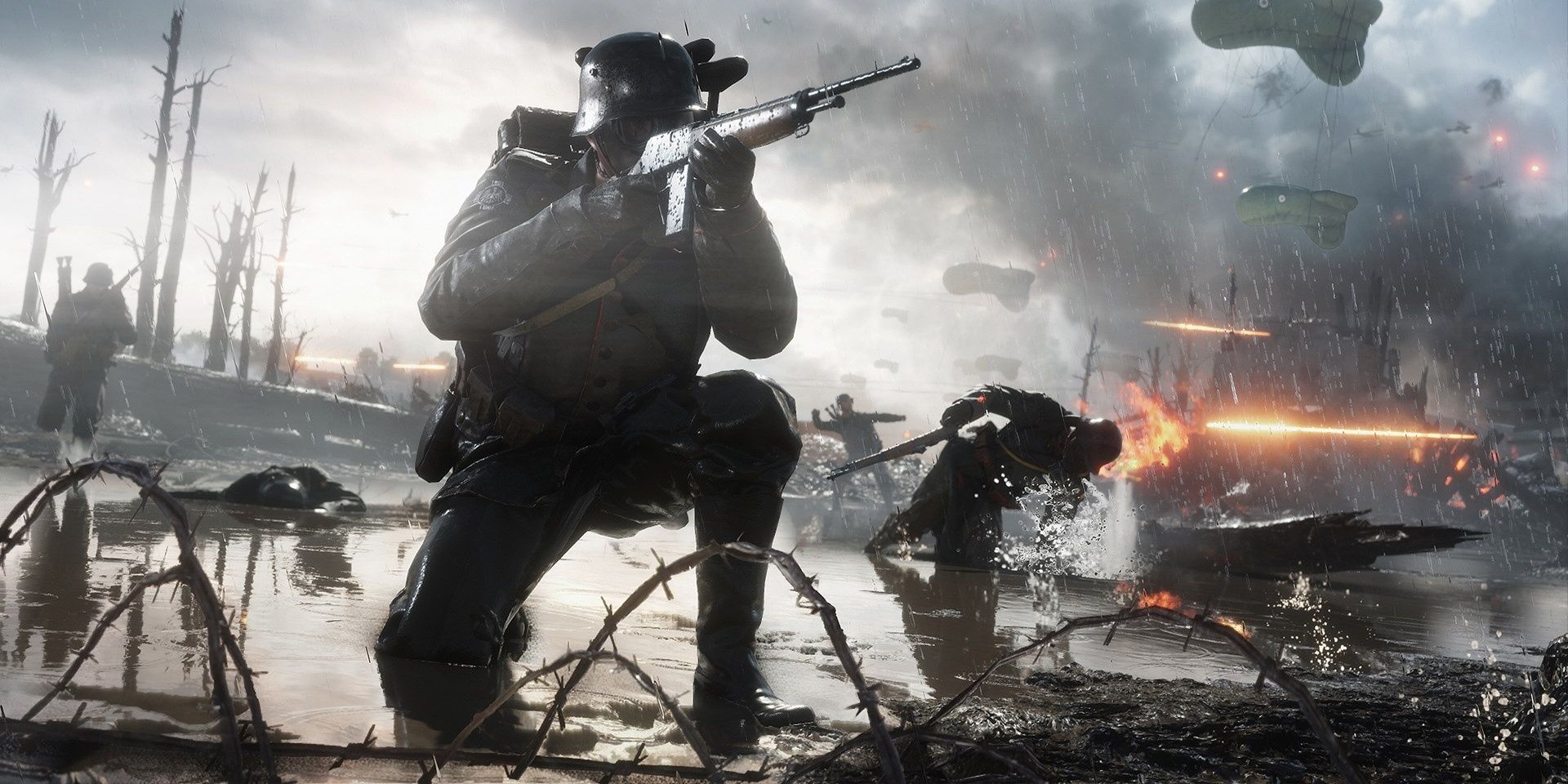 Battlefield 1 promotional image of soldier down on their knee, aiming a gun.