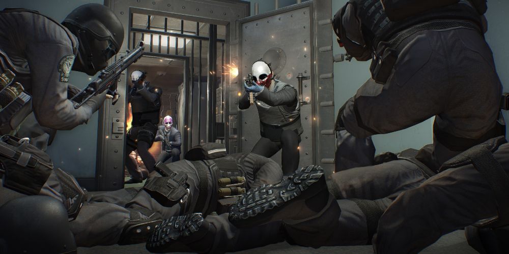 Payday 2 screenshot of Wolf, Hoxton, and Dallas shooting Police officers.