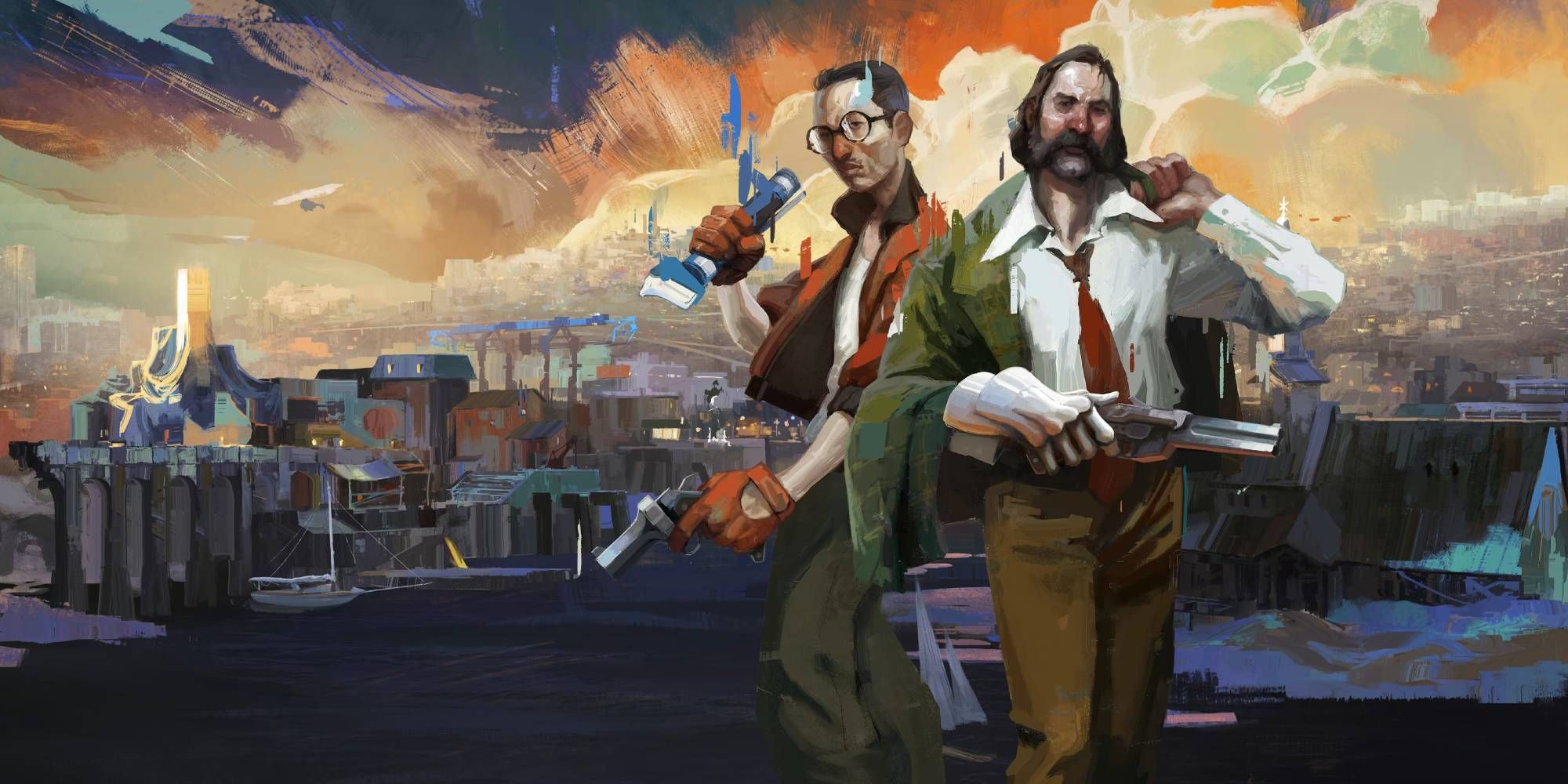 Two men stand with a city by the water in the background as main art of Disco Elysium.