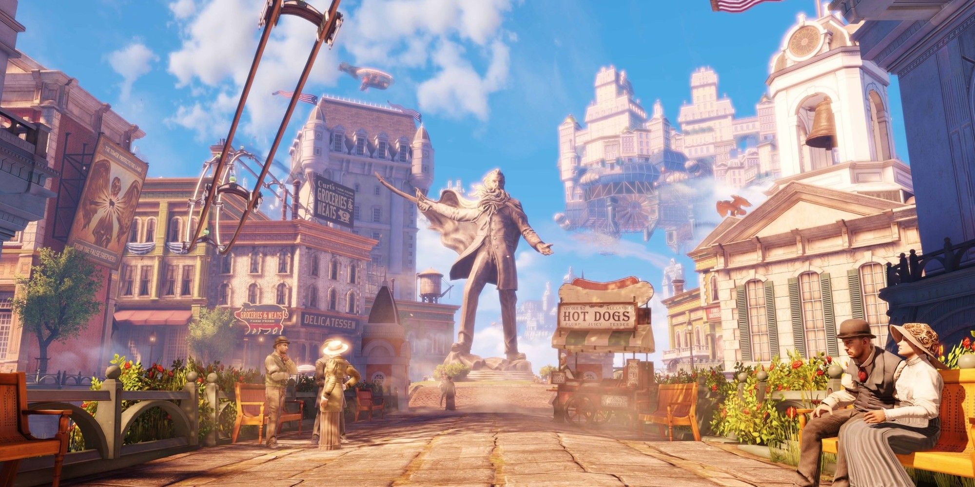 A statue of comstock in the middle of Columbia from Bioshock Infinite.