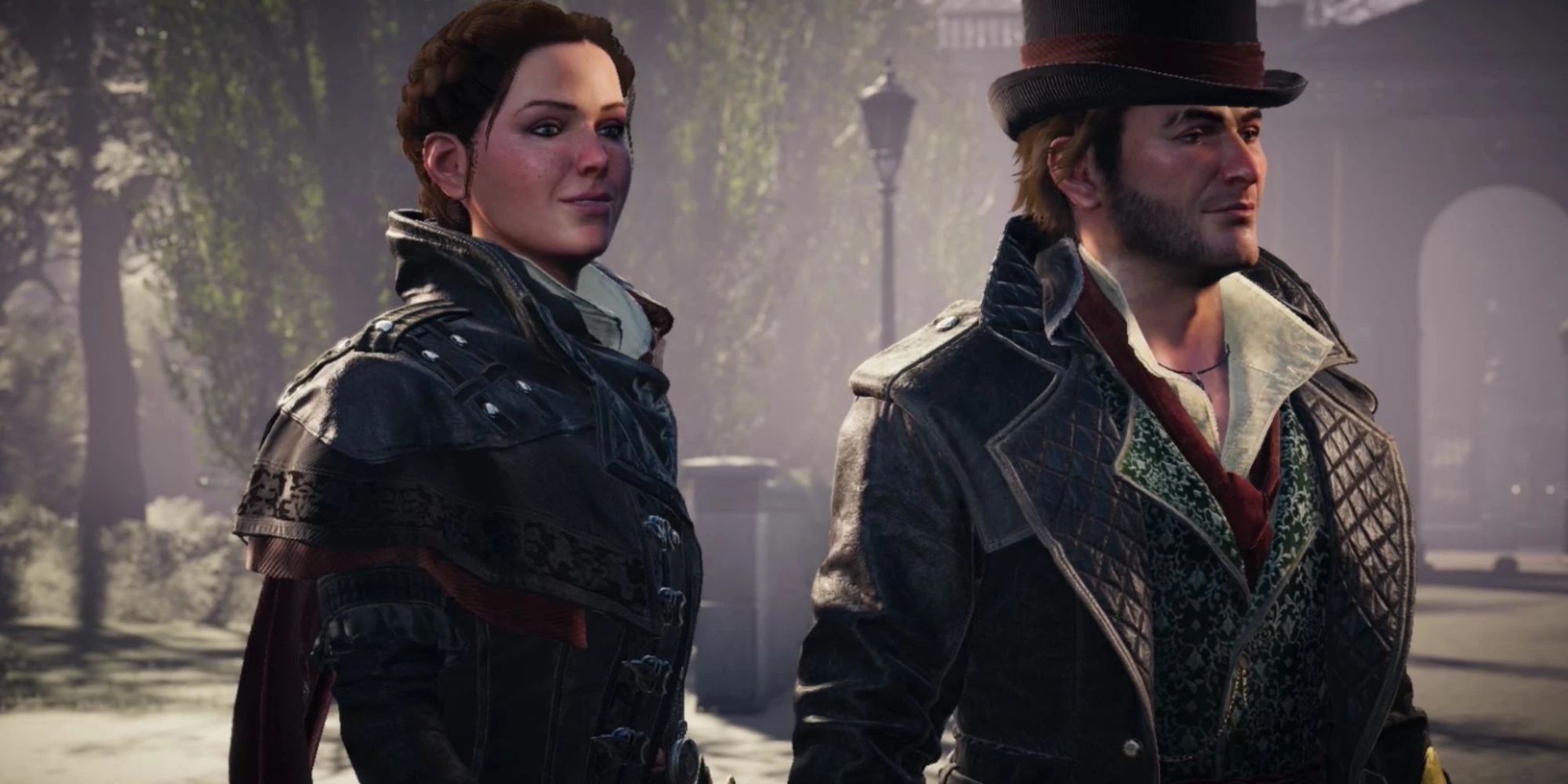 Assassin's Creed Syndicate's main characters Jacob and Evie standing next to each other