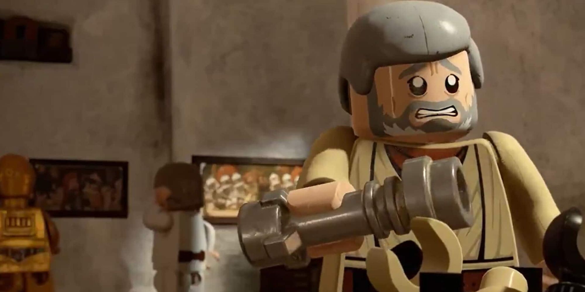 Obi-Wan with Luke Skywalker and C-3PO in Lego Star Wars: The Skywalker Saga.