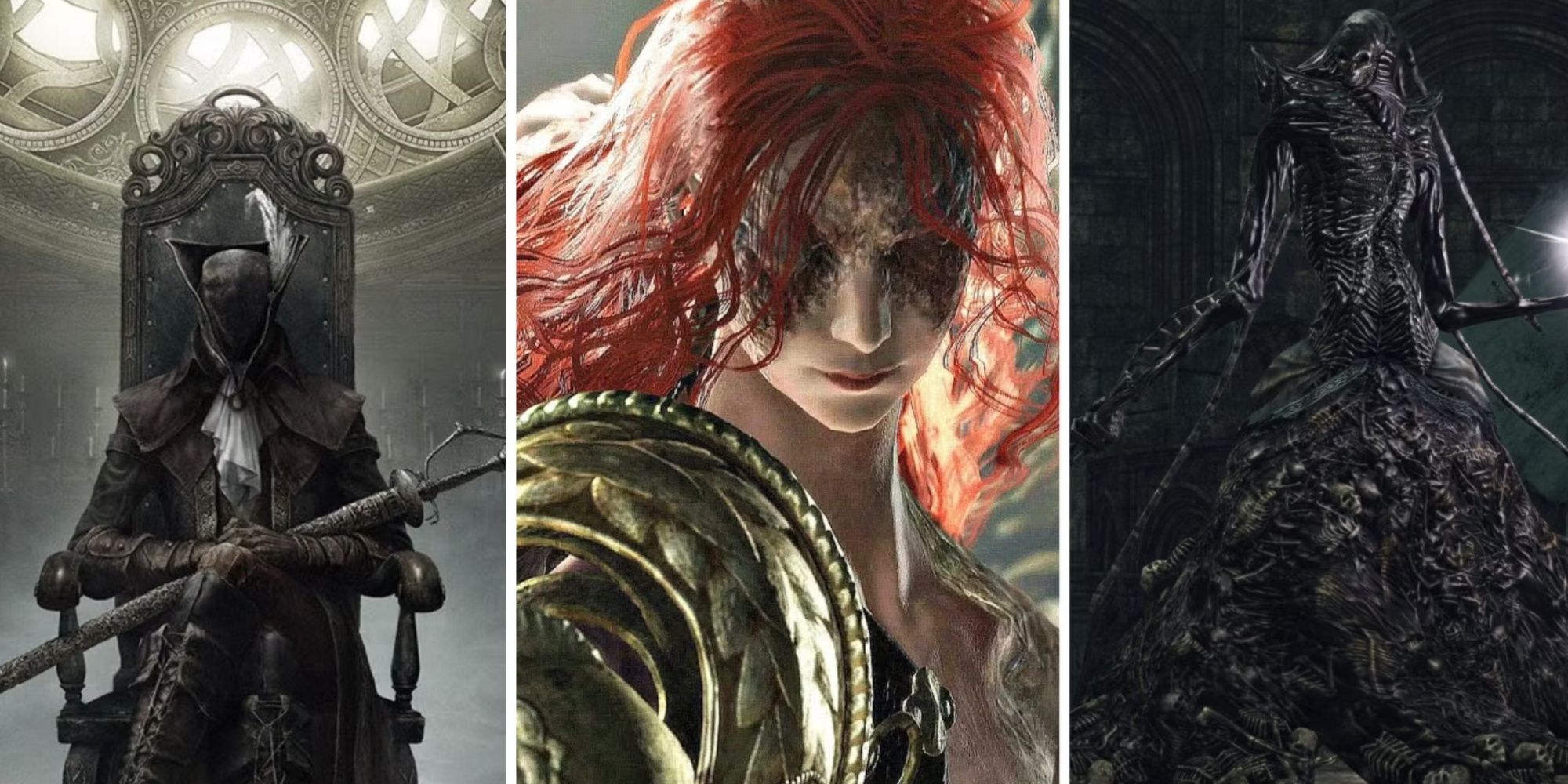 Lady Maria from Bloodborne (left), Malenia from Elden Ring (center), Nashandra from Dark Souls 2 (right)