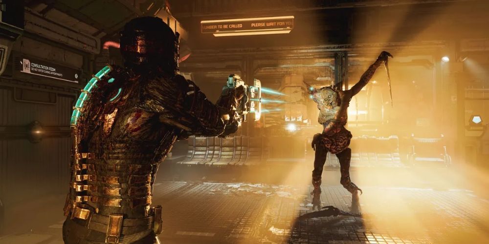 Dead Space Isaac fighting off a necromorph inside an abandoned space station.