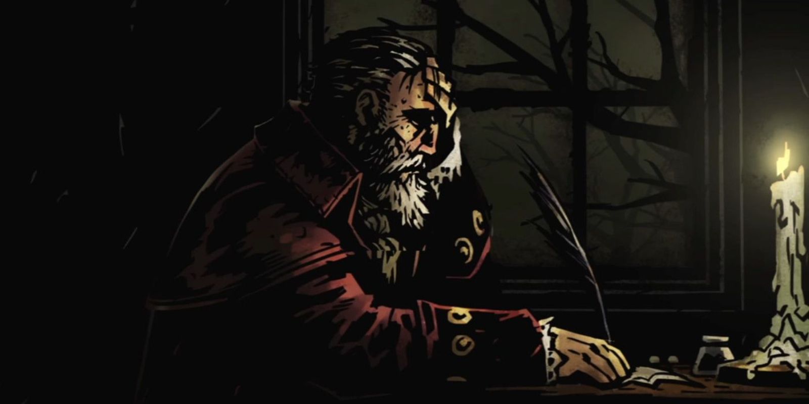 Darkest Dungeon screenshot of guy sitting at desk with hand on head.