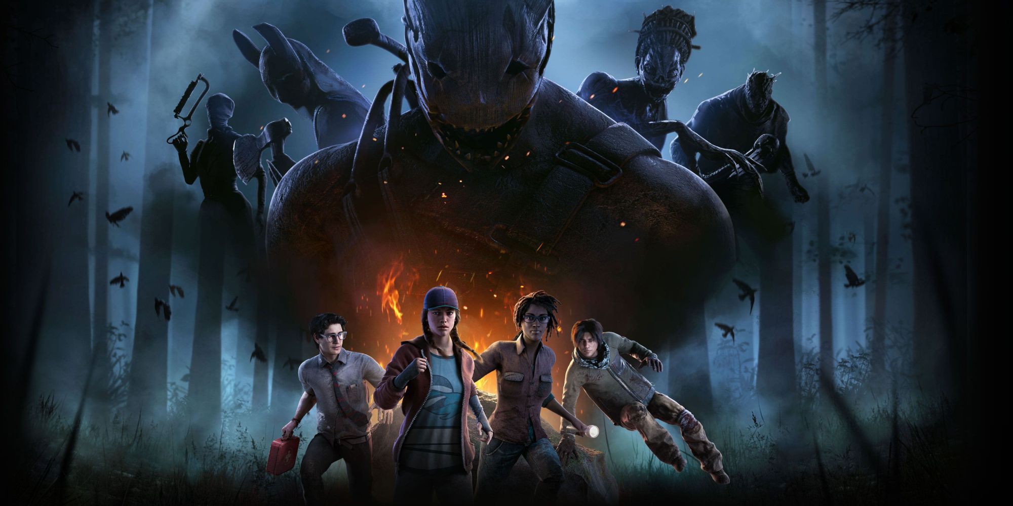 Key art for Dead By Daylight featuring monsters and survivors.