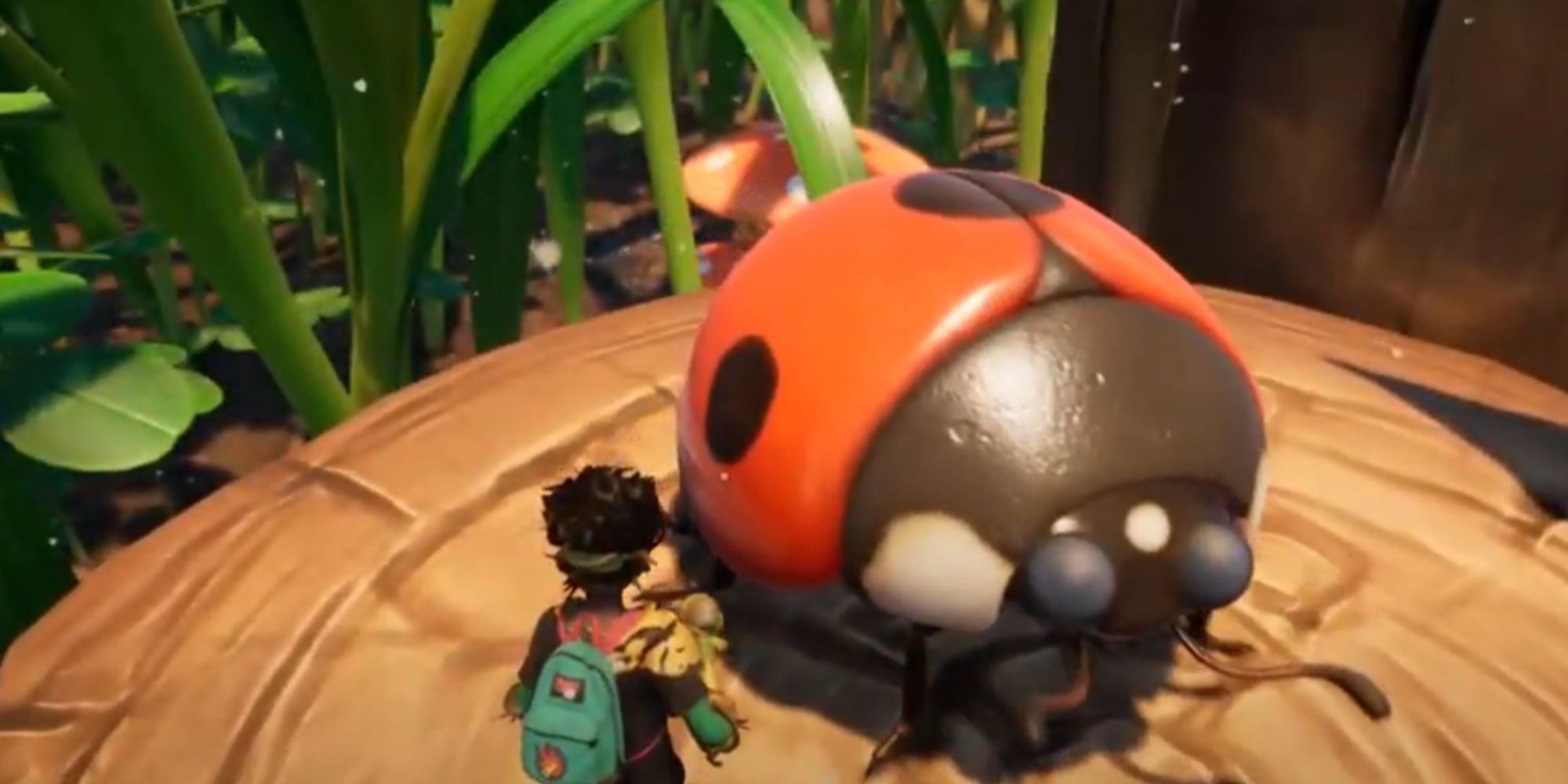 Grounded screenshot of ladybug standing on a tree stump, next to character.