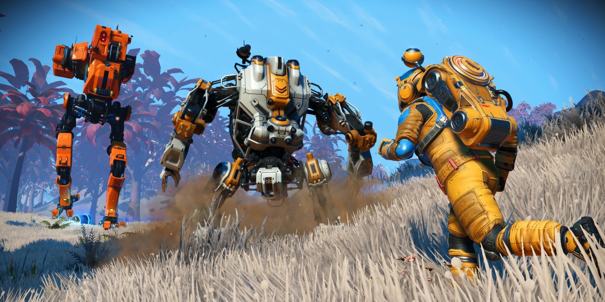 No Man's Sky Screenshot Of character in space suit running toward two mechs.