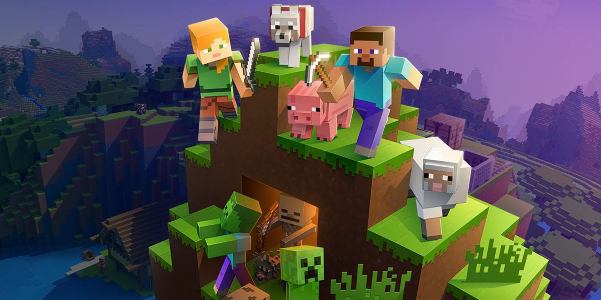 Promotional Art for Minecraft containing Steve and various mobs on a grassy mountain.