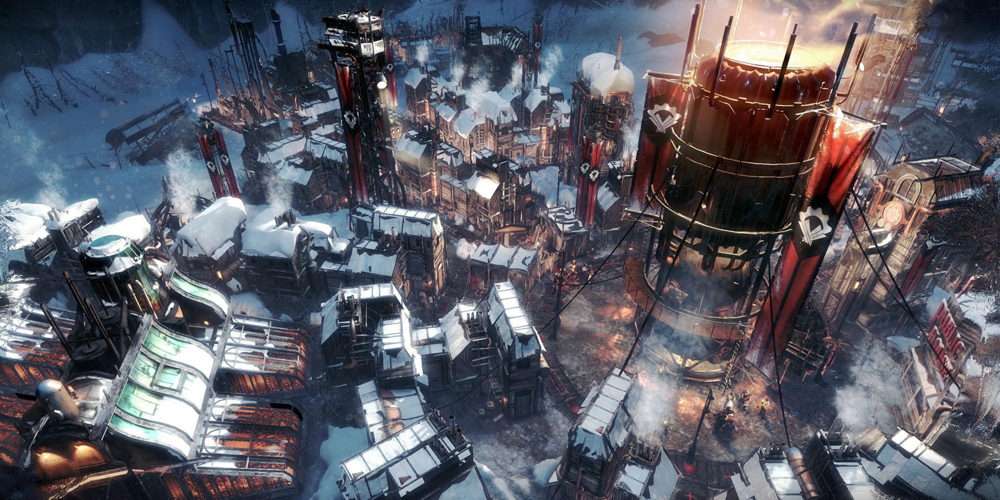 Frostpunk closeup of generator with town built around it.