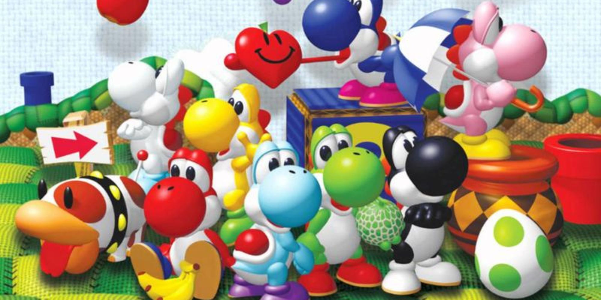 A group of colorful Yoshi's and Poochy stand on the island in Yoshi's Story.