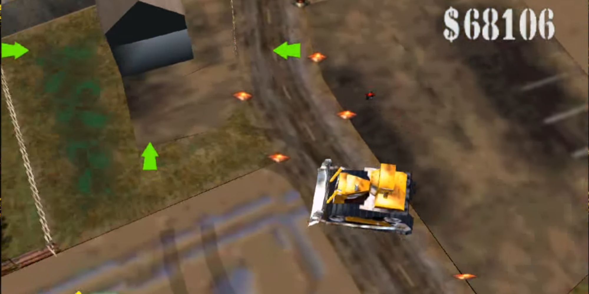 A large yellow truck prepares to demolish a building in Blast Corps.