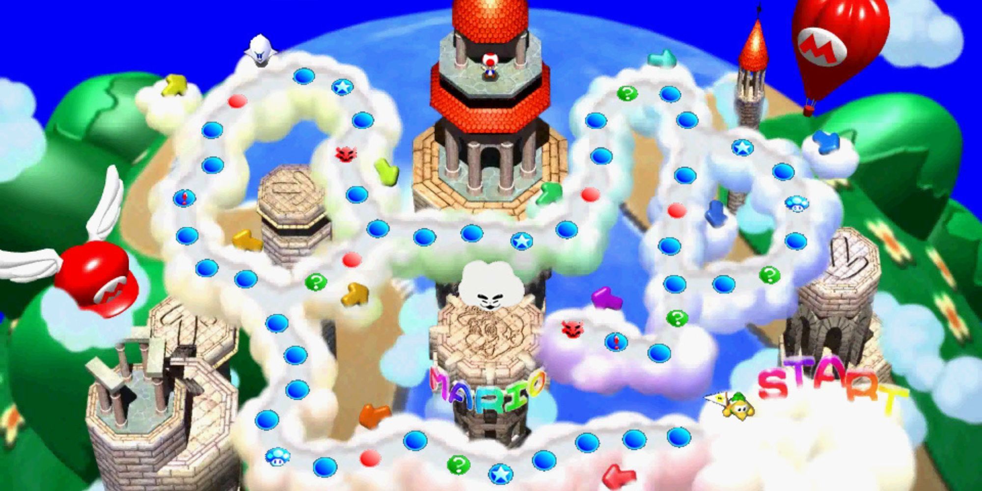 An overhead view of Mario's Rainbow Castle from Mario Party.