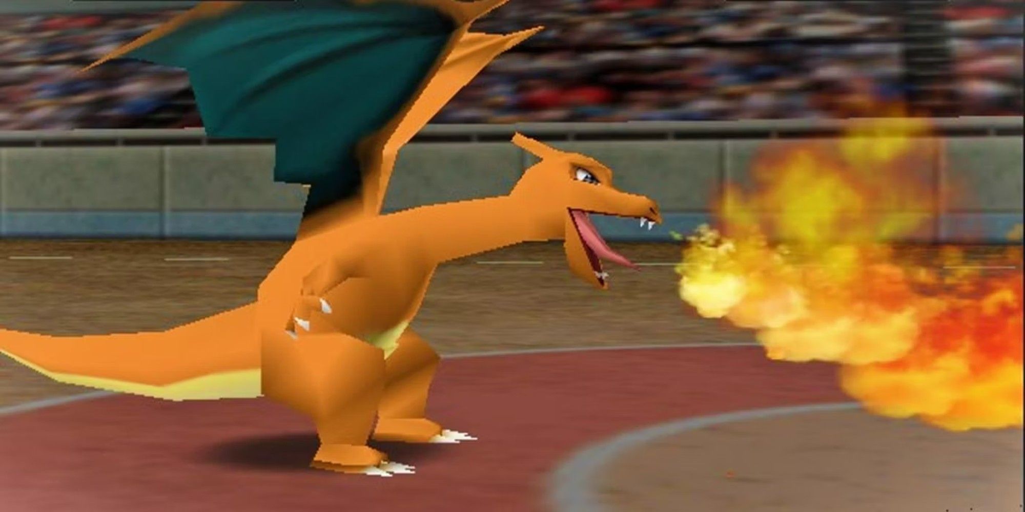 Charizard uses flamethrower during a battle in Pokemon Stadium.