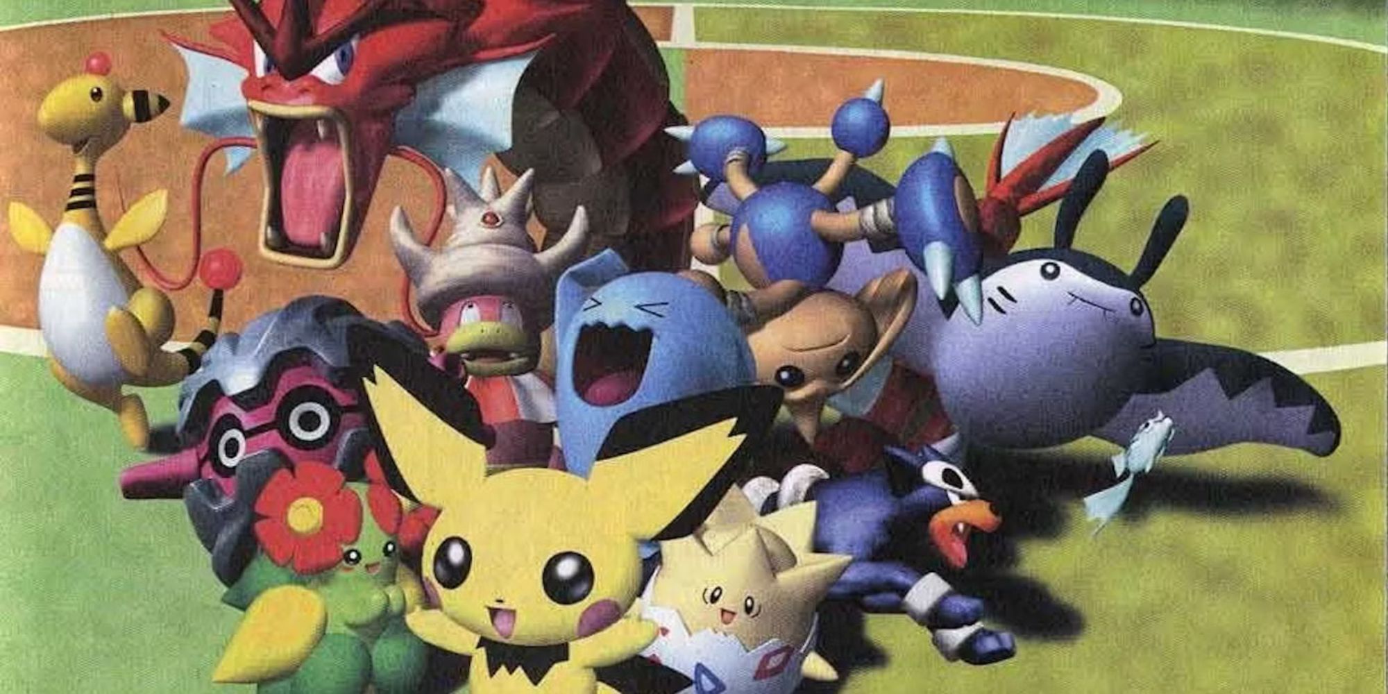 A large group of Pokemon run onto the Stadium floor.