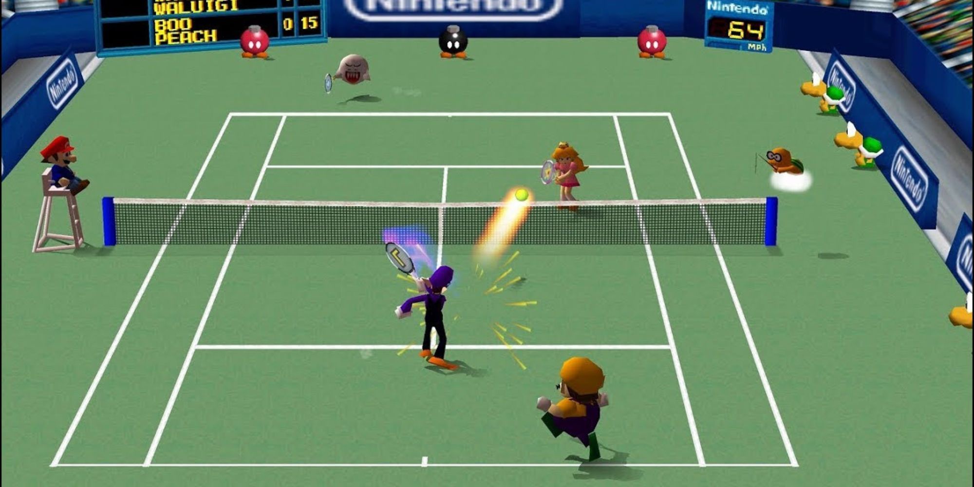 Wario and Waluigi play duos against Princess Peach and Boo in Mario Tennis.