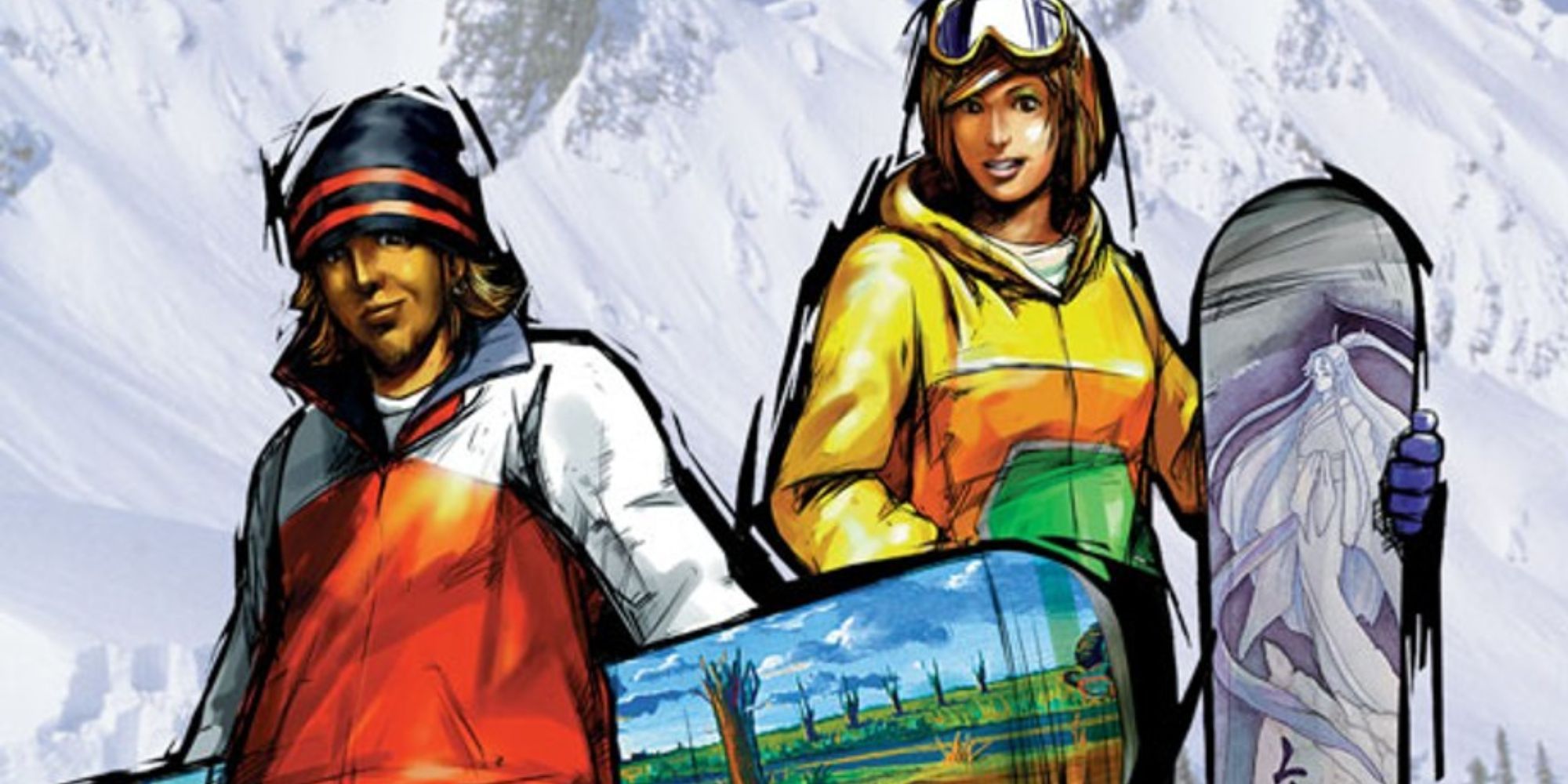 Kensuke Kimachi and Hikari Hatami pose with their snowboards in 1080 Snowboarding.