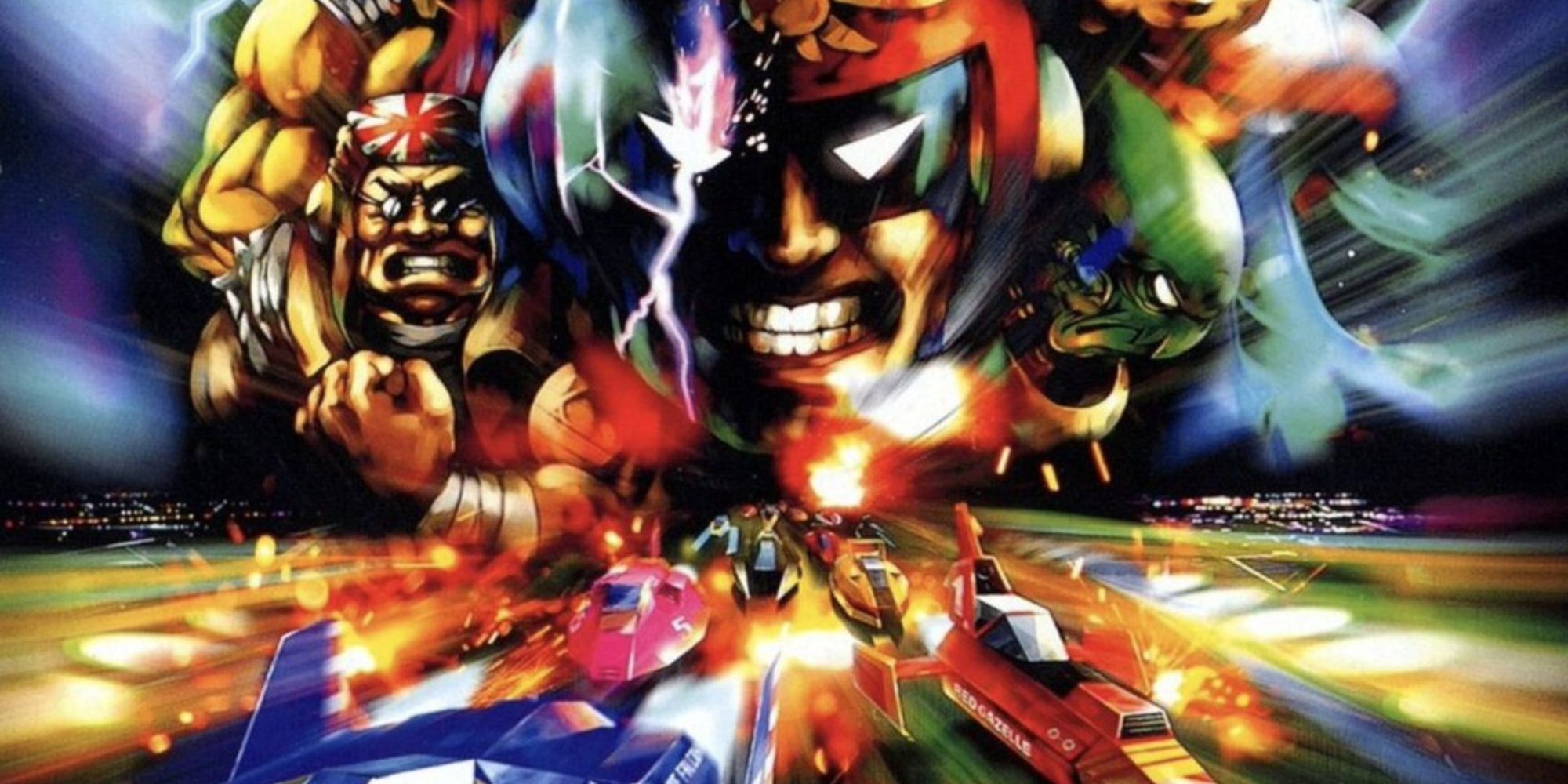 Captain Falcon, Samurai Goroh, and Pico staring at a road filled with F-Zero ships in F-Zero X.