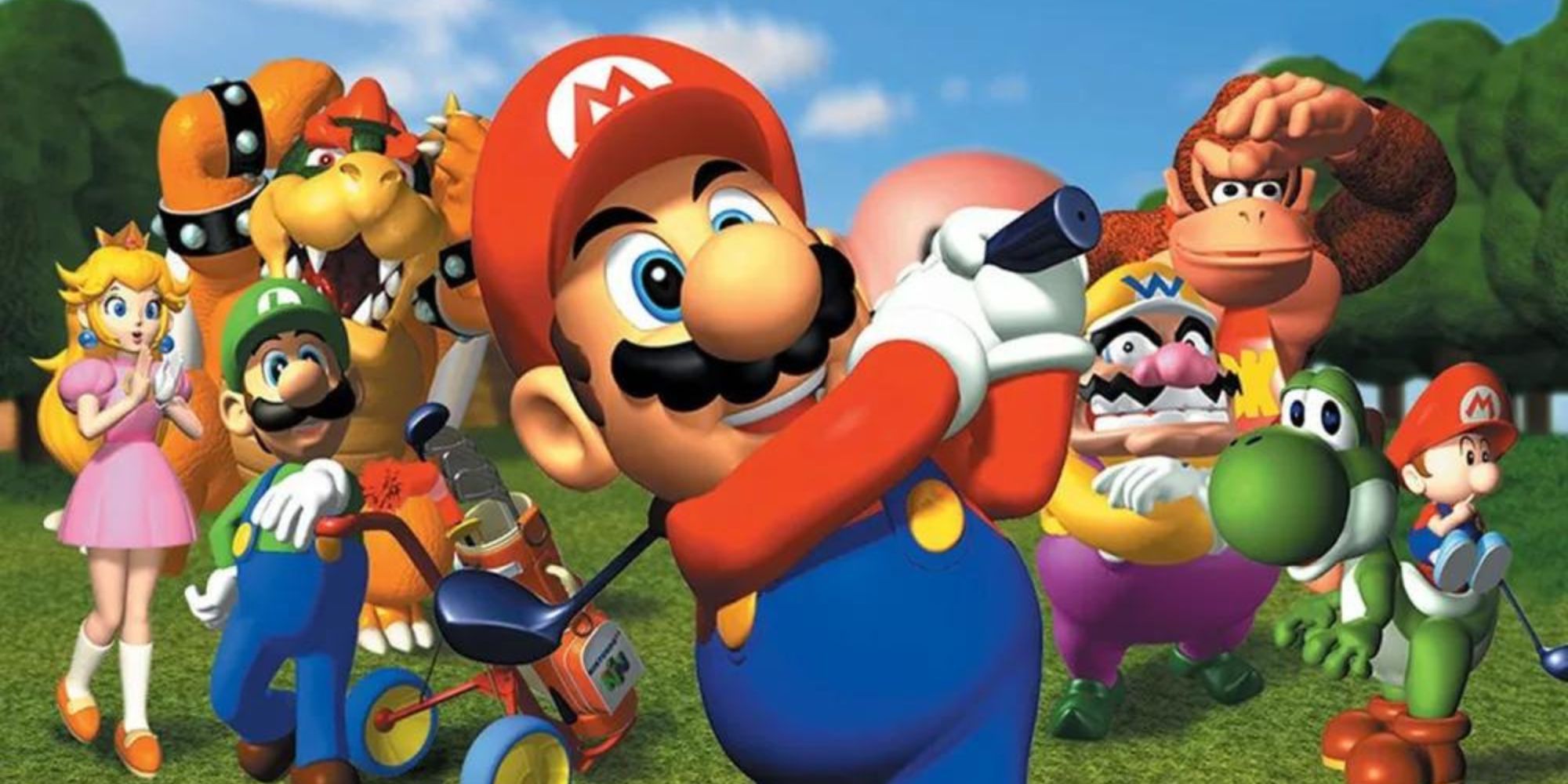 A group of Nintendo characters watch Mario swing his club in Mario Golf.