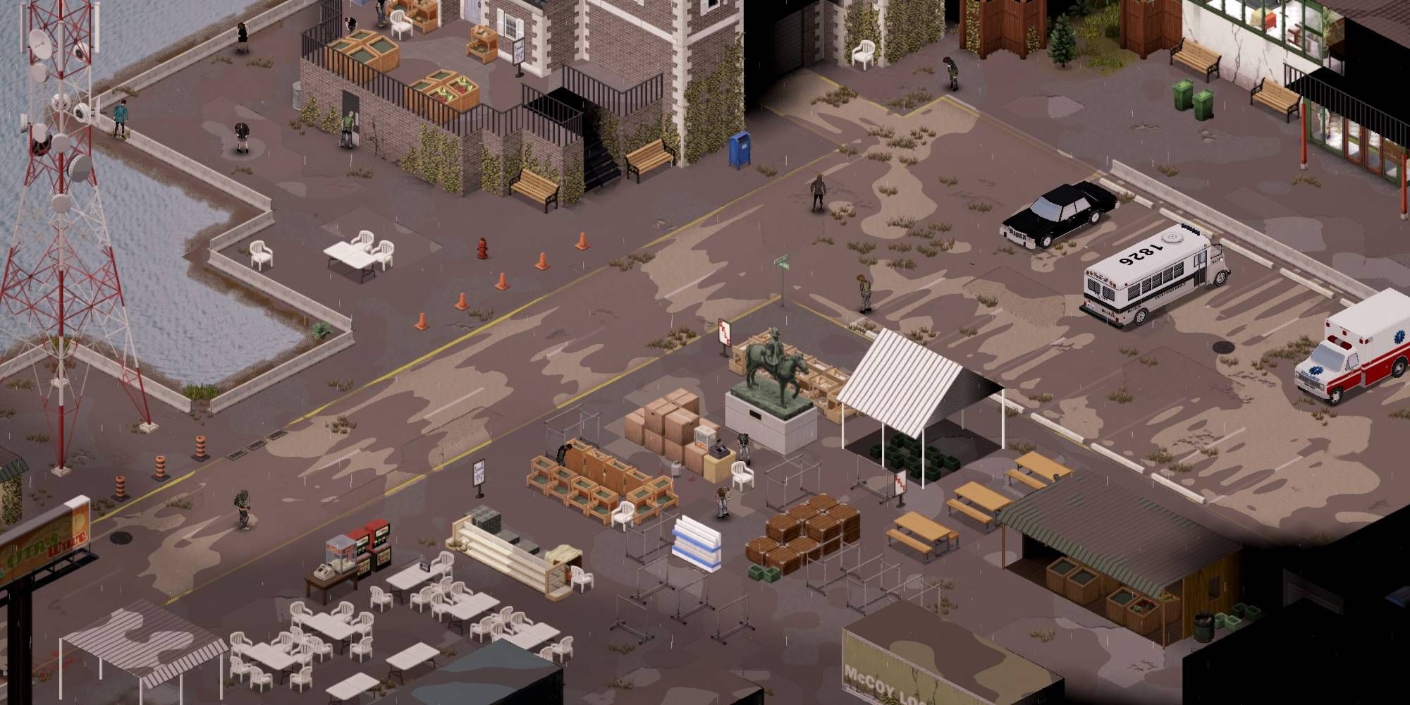 Image of a city ravaged by the zombie plague in Project Zomboid.