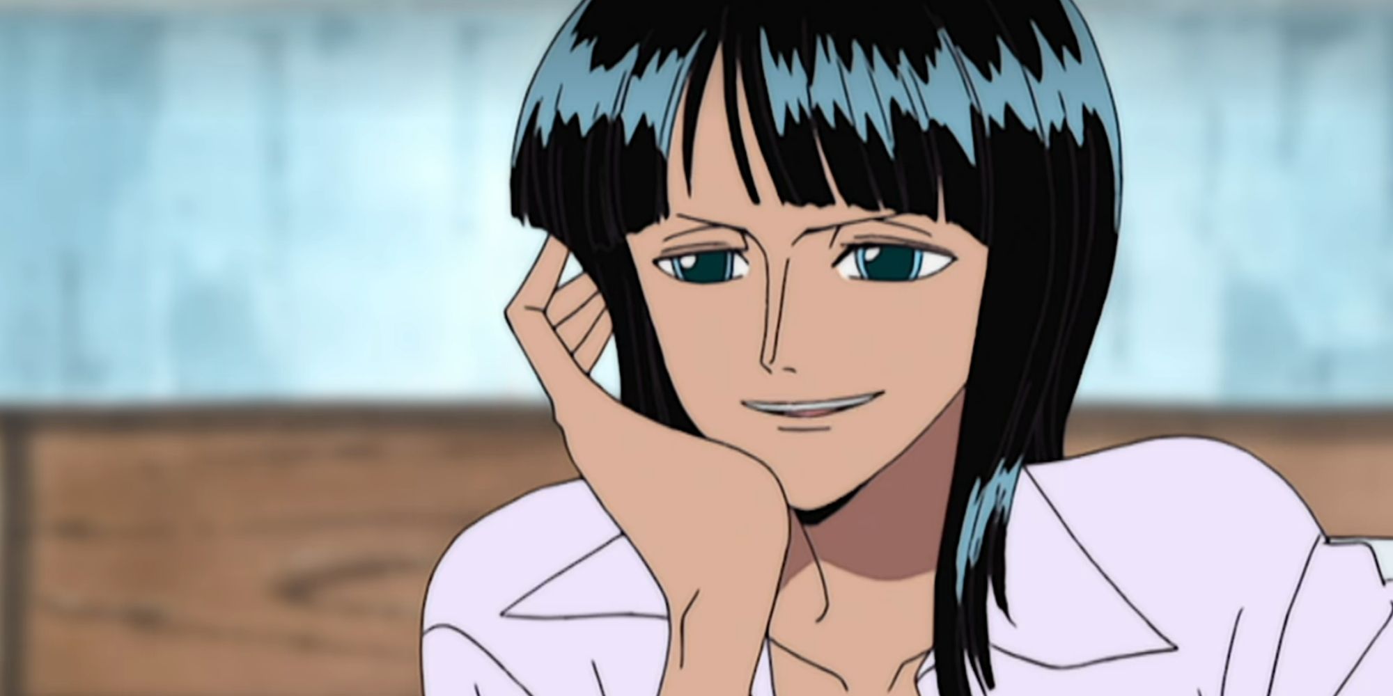 Nico Robin resting her face in her hand in One Piece.