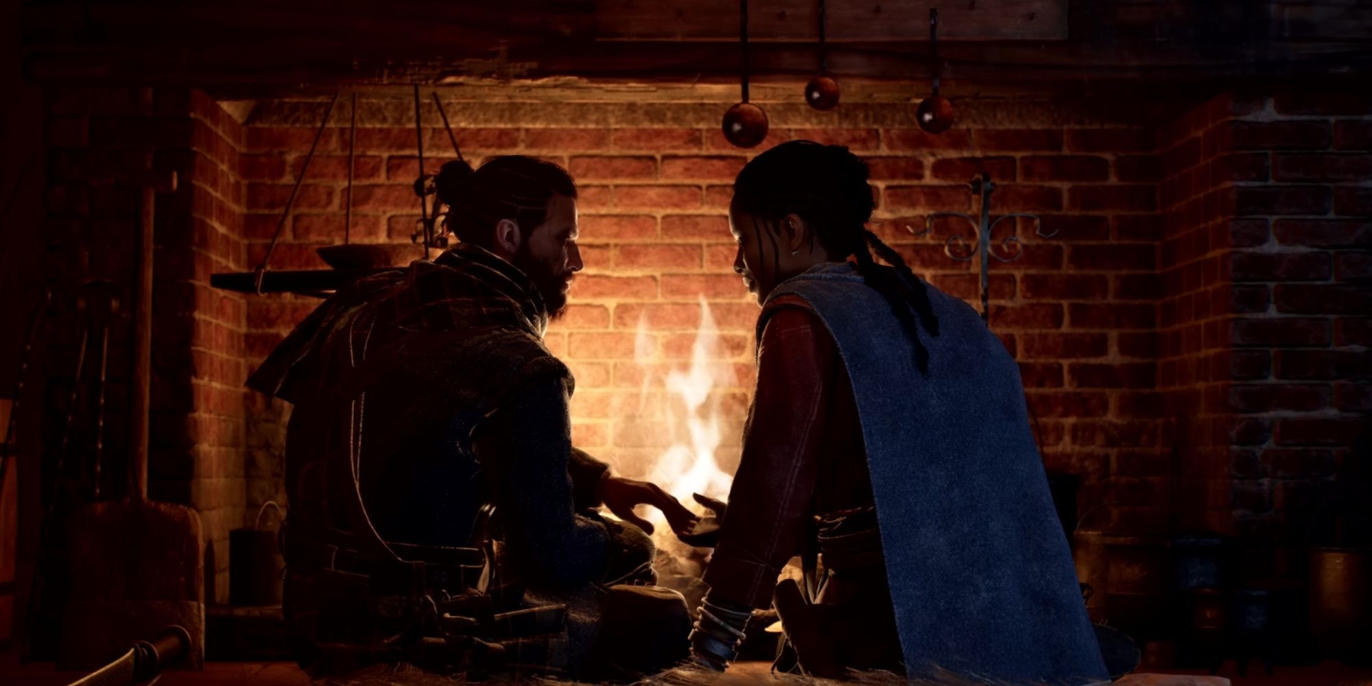 Red and Antea sharing a romantic moment by the fireplace, looking into each other's eyes and lightly touching each other's hand.