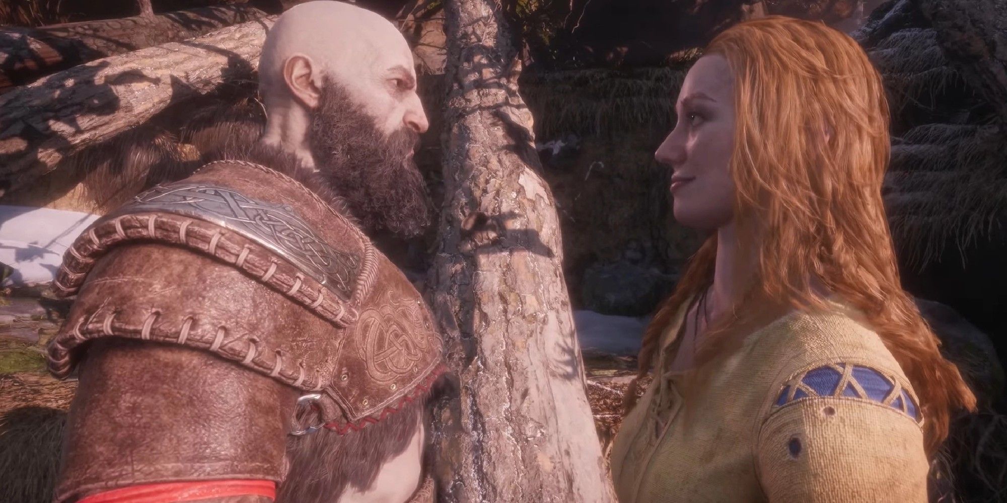 Kratos and Faye from God of War Ragnarok looking face to face.