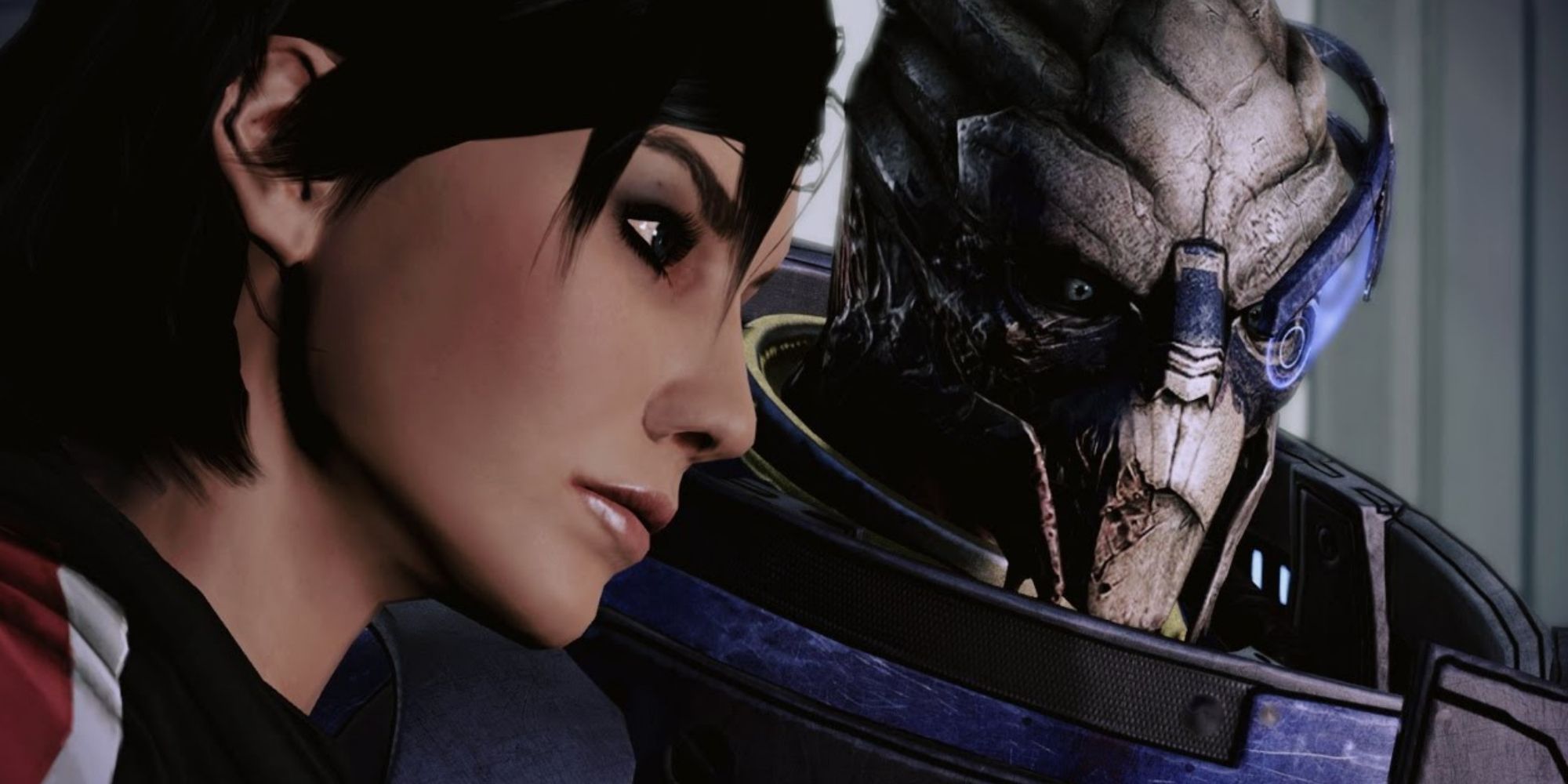 Mass Effect 3 screenshot of female Shepard and Garrus stood side by side.