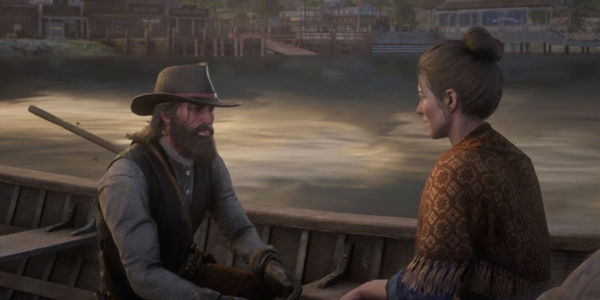 Red Dead Redemption 2 screenshot of John proposing to Abigail in a boat.