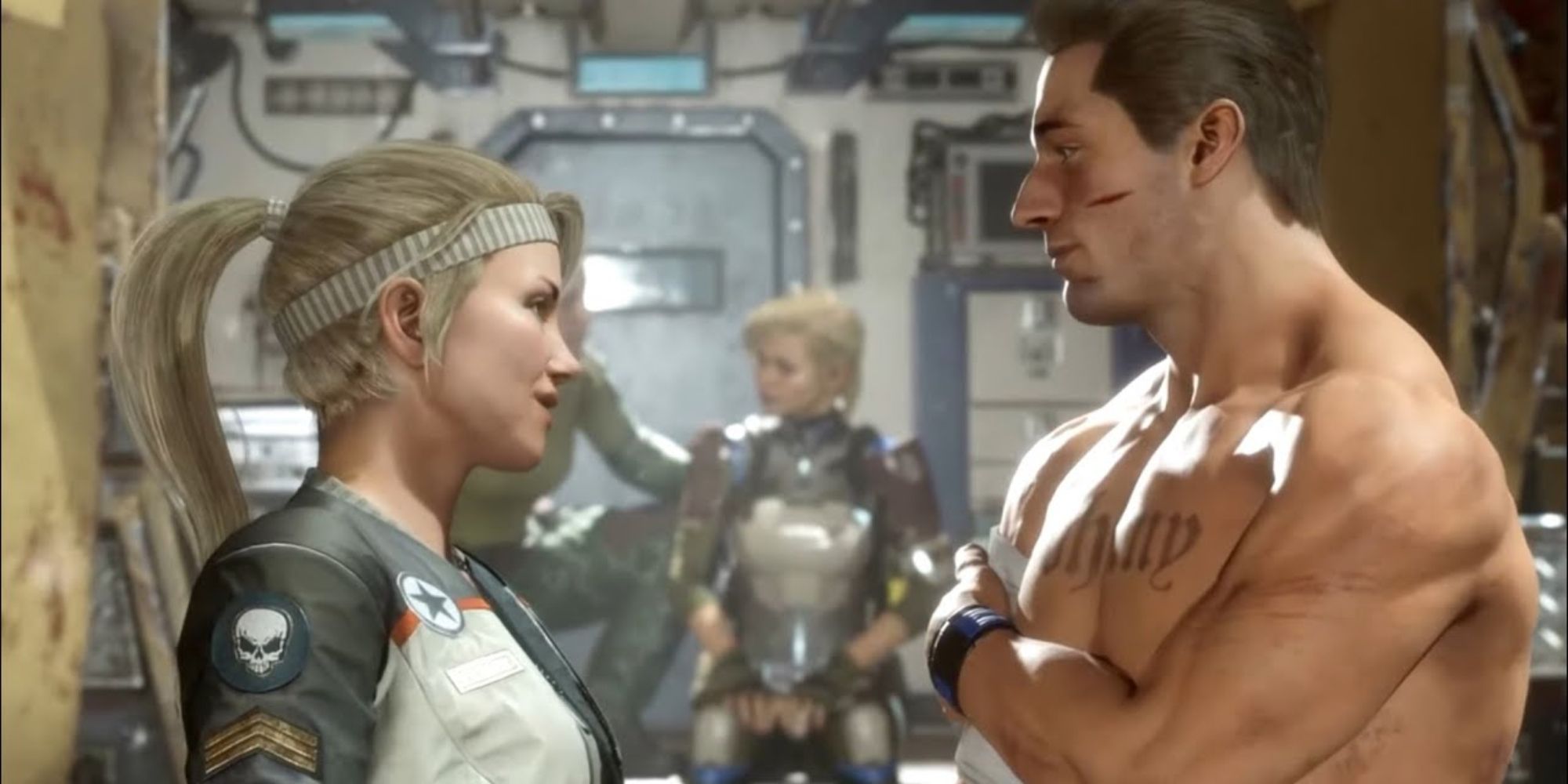 Mortal Kombat 11 screenshot of Johnny Cage and Sonya Blade, looking at one another.