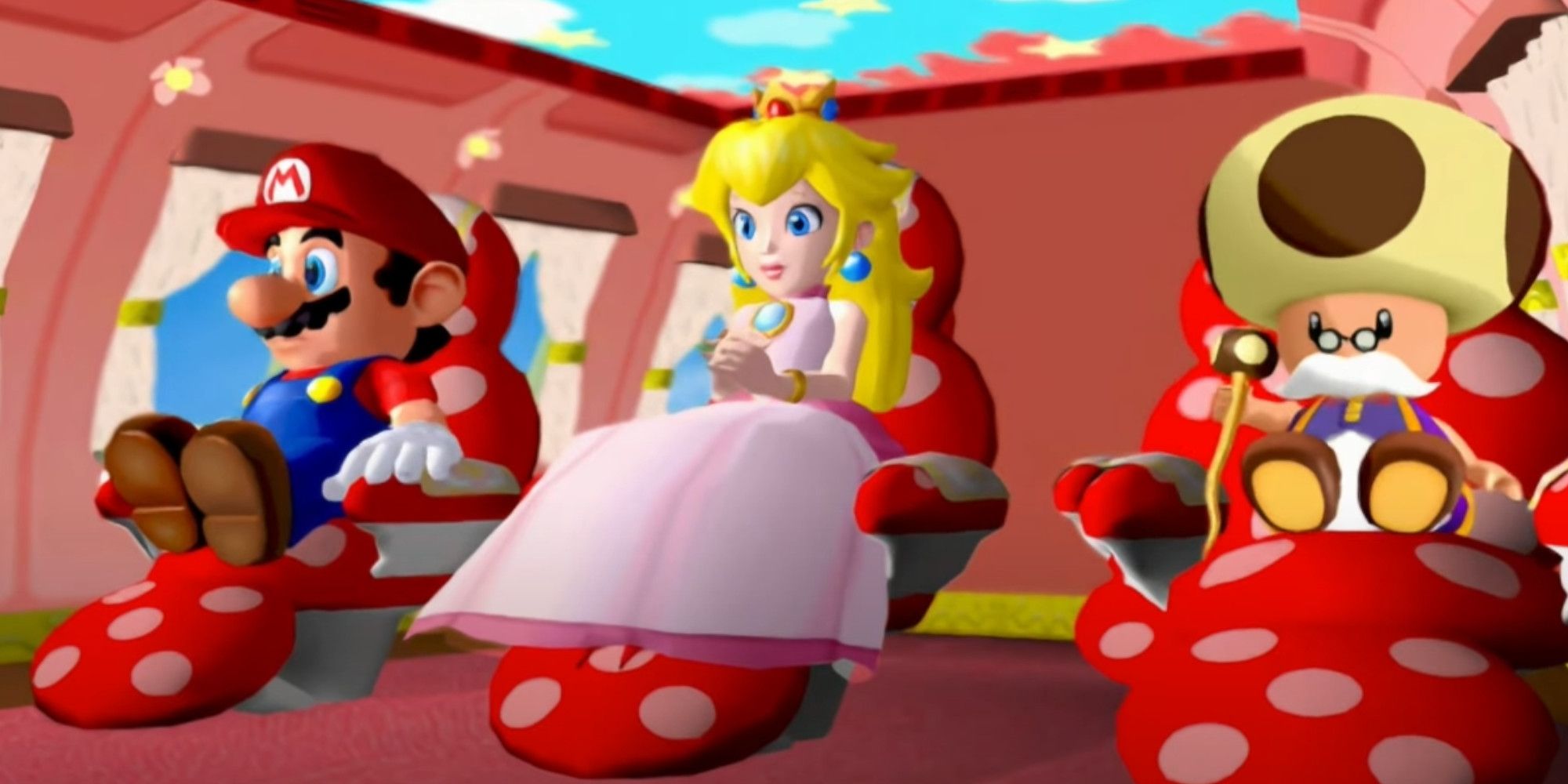 Mario, Princess Peach, and Toadsworth on their way to Delfino Island in Super Mario Sunshine.