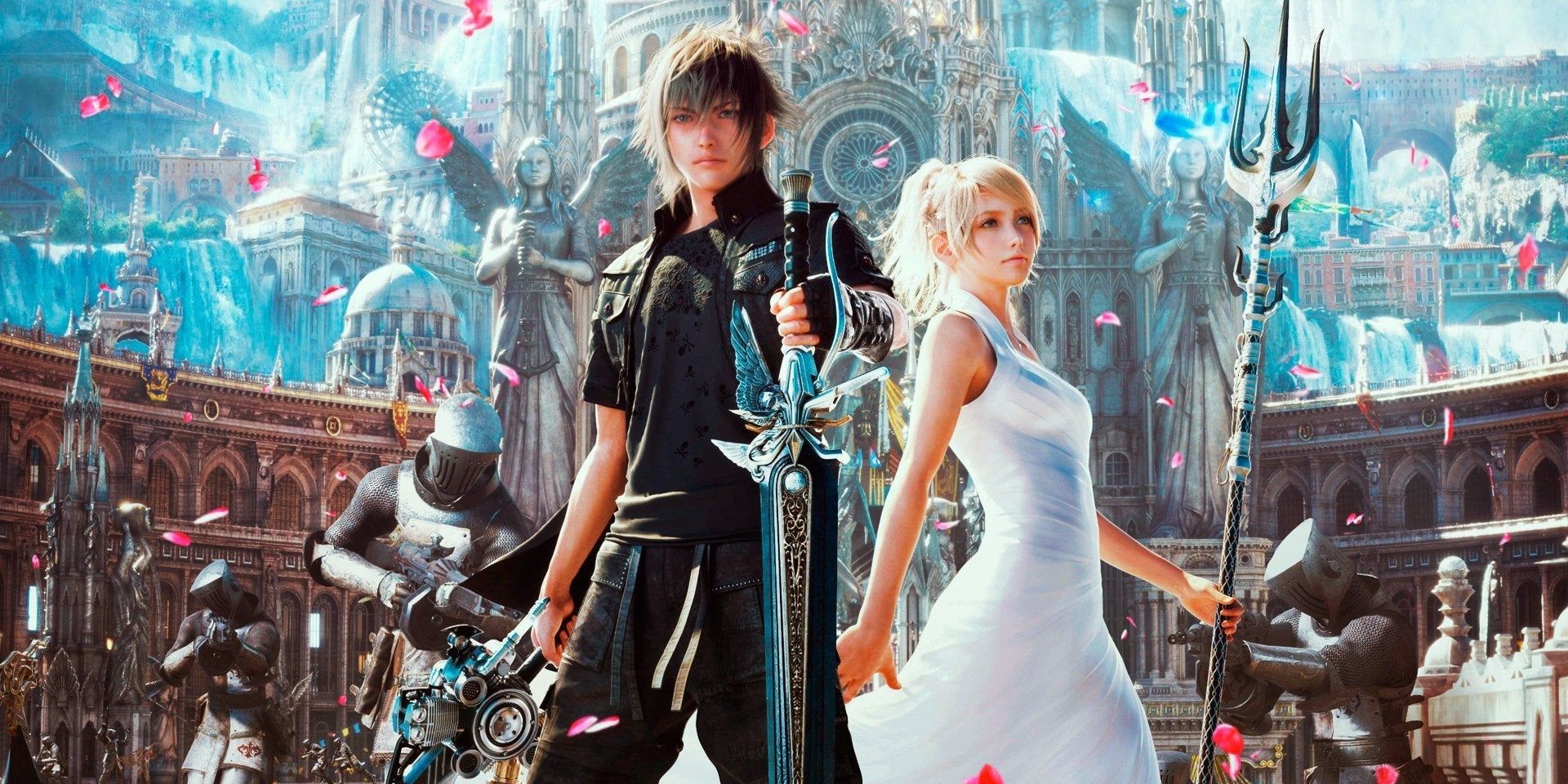 Final Fantasy 15 screenshot of Noctis with his sword and Luna with her pitchfork wearing a wedding dress as romantic rose petals fall over them in joyous celebration.