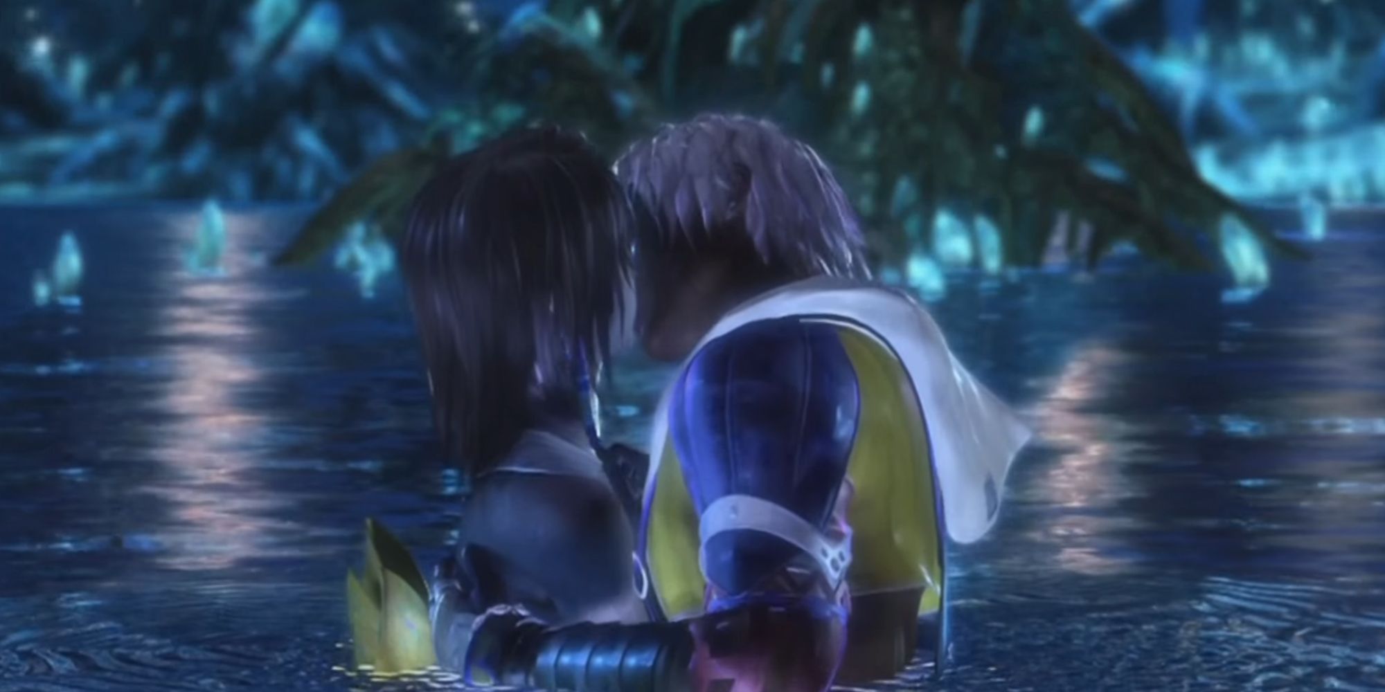 Yuna and Tidus as they kiss in Final Fantasy 10.