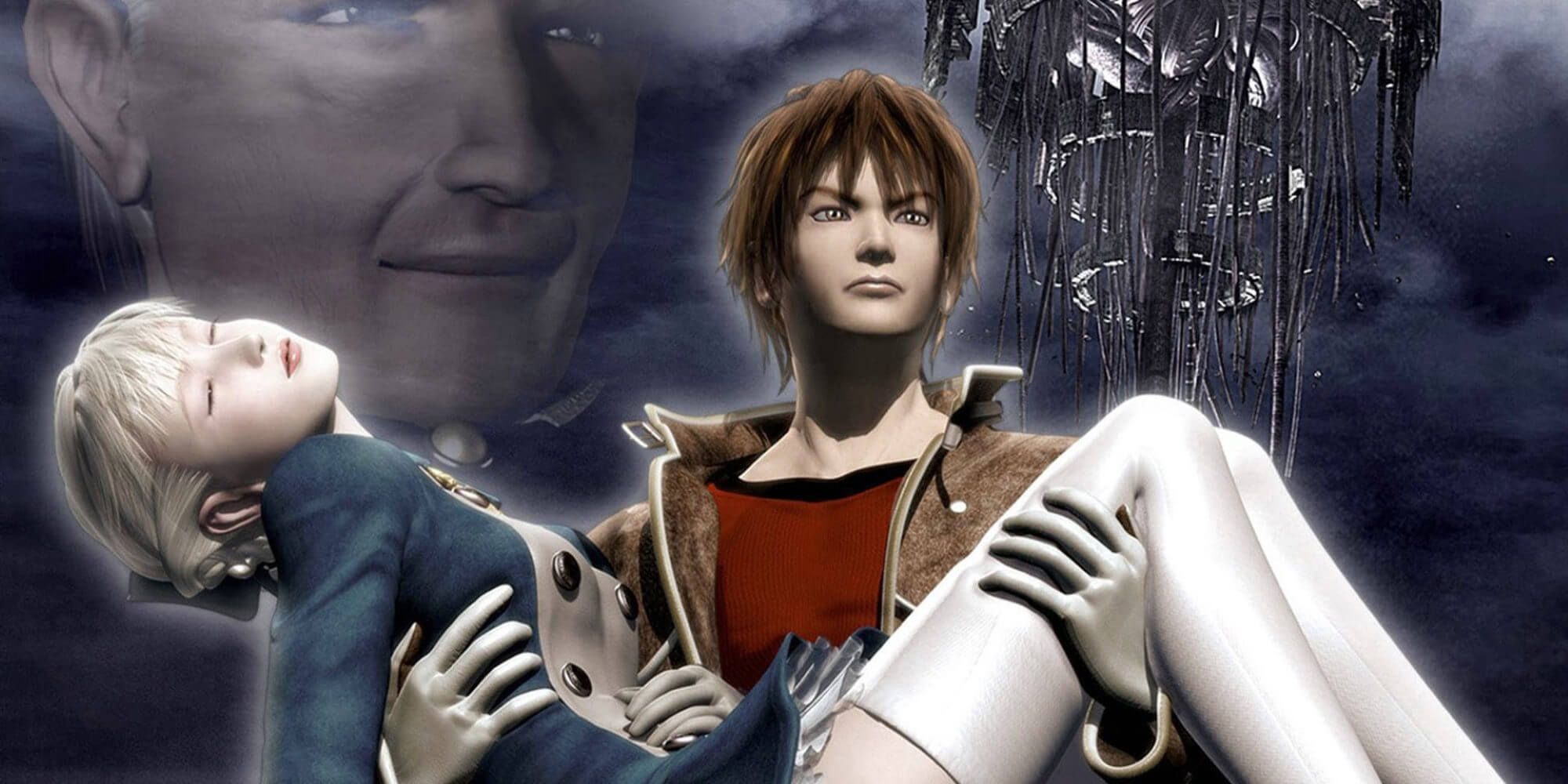 Yuri carries Alice with an image of the imposter Roger Bacon in the background in Shadow Hearts.