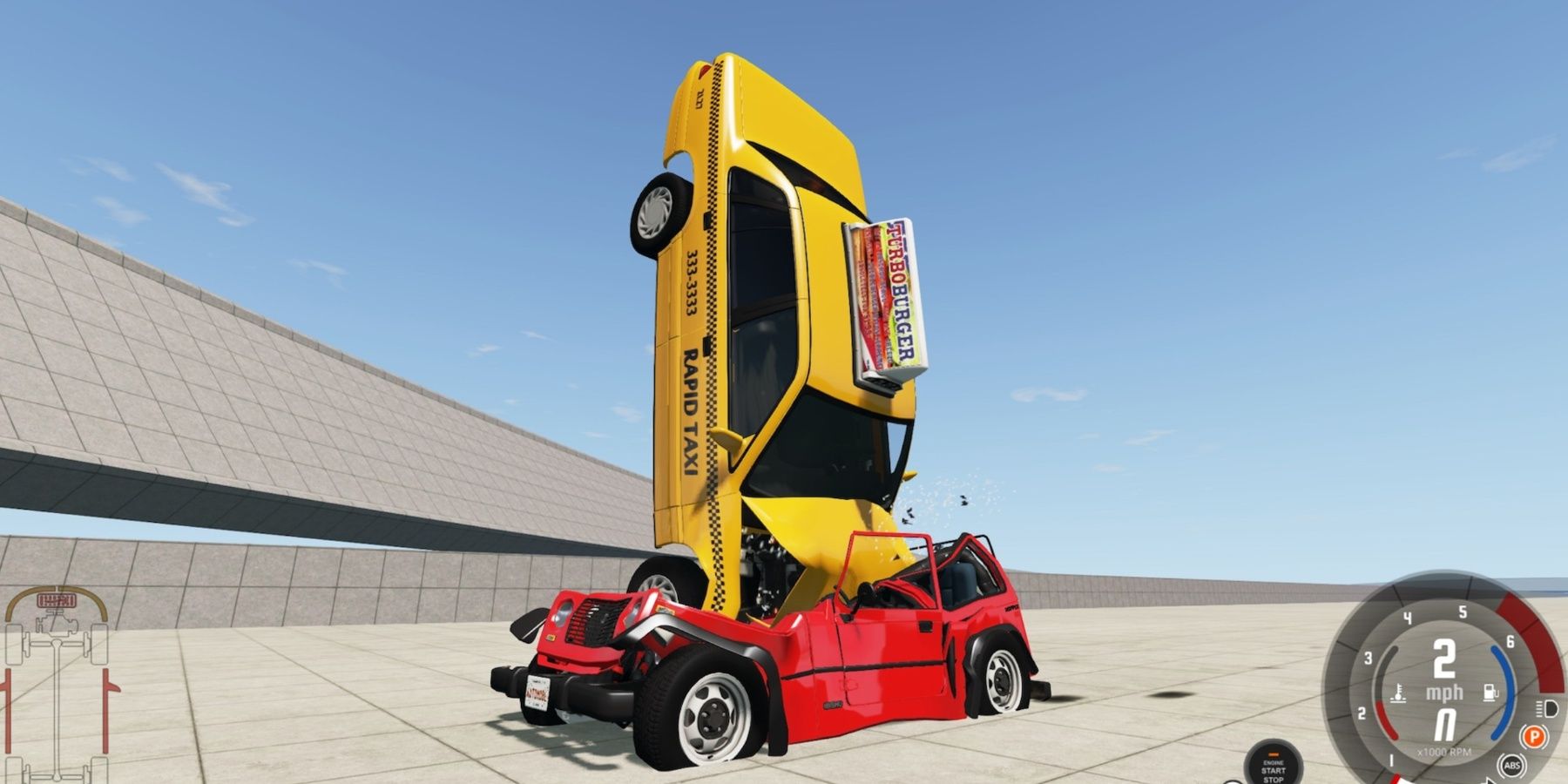 BeamNG.Drive - A taxi is vertically crashed into a red car, both are destroyed