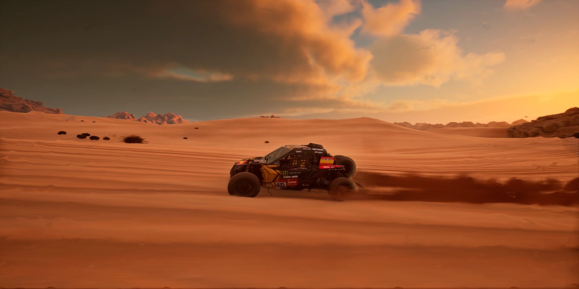 Player drives through a sandstorm to explore the map