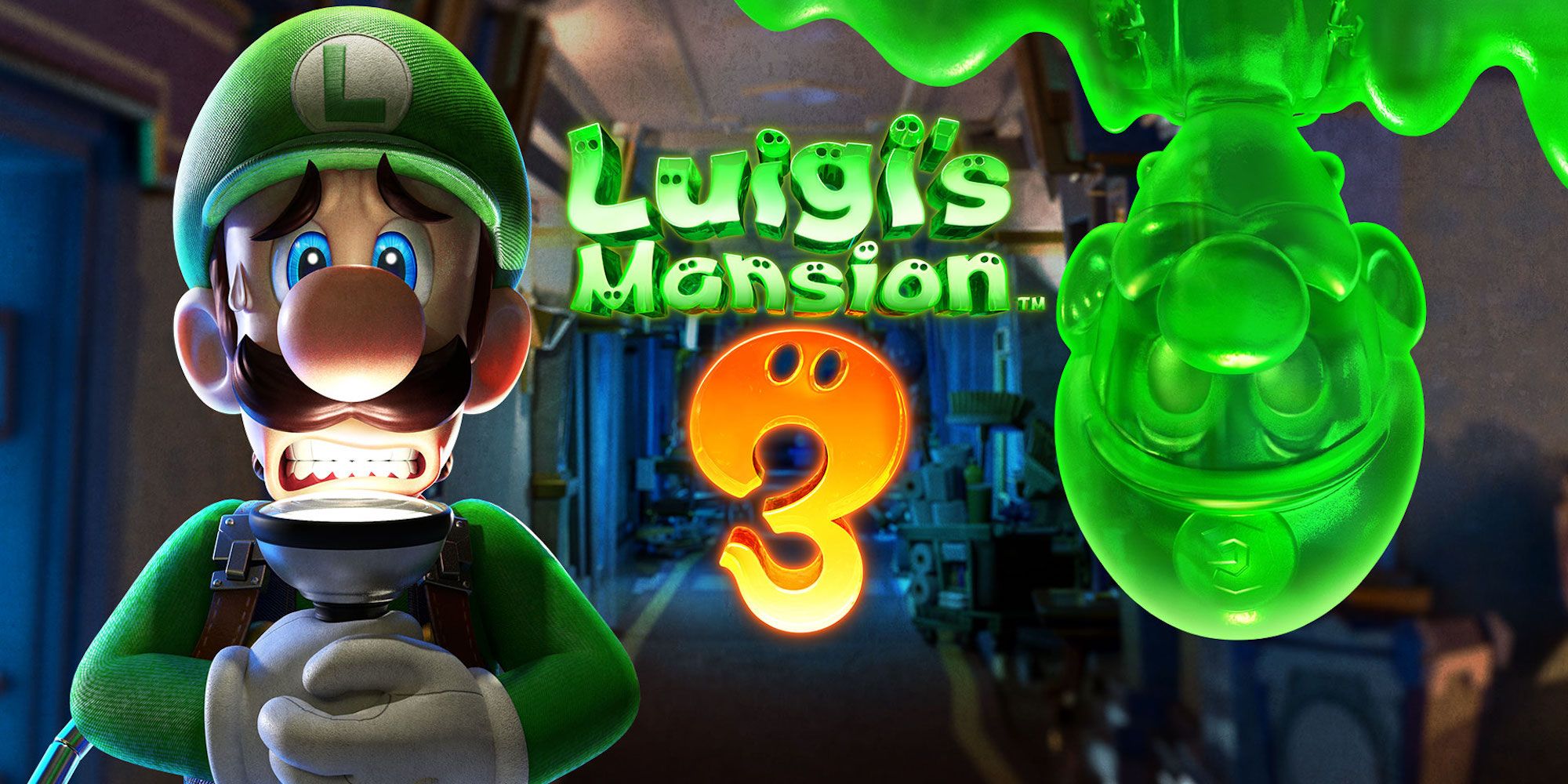 Luigi looking frightened next to Gooigi with game title displayed Luigi's Mansion 3.