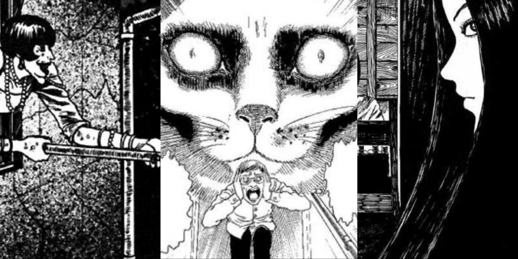 Split images of Junji Ito's manga The Window Next Door, Junji Ito's Cat Diary Yon & Mu, and The Long Hair In The Attic.