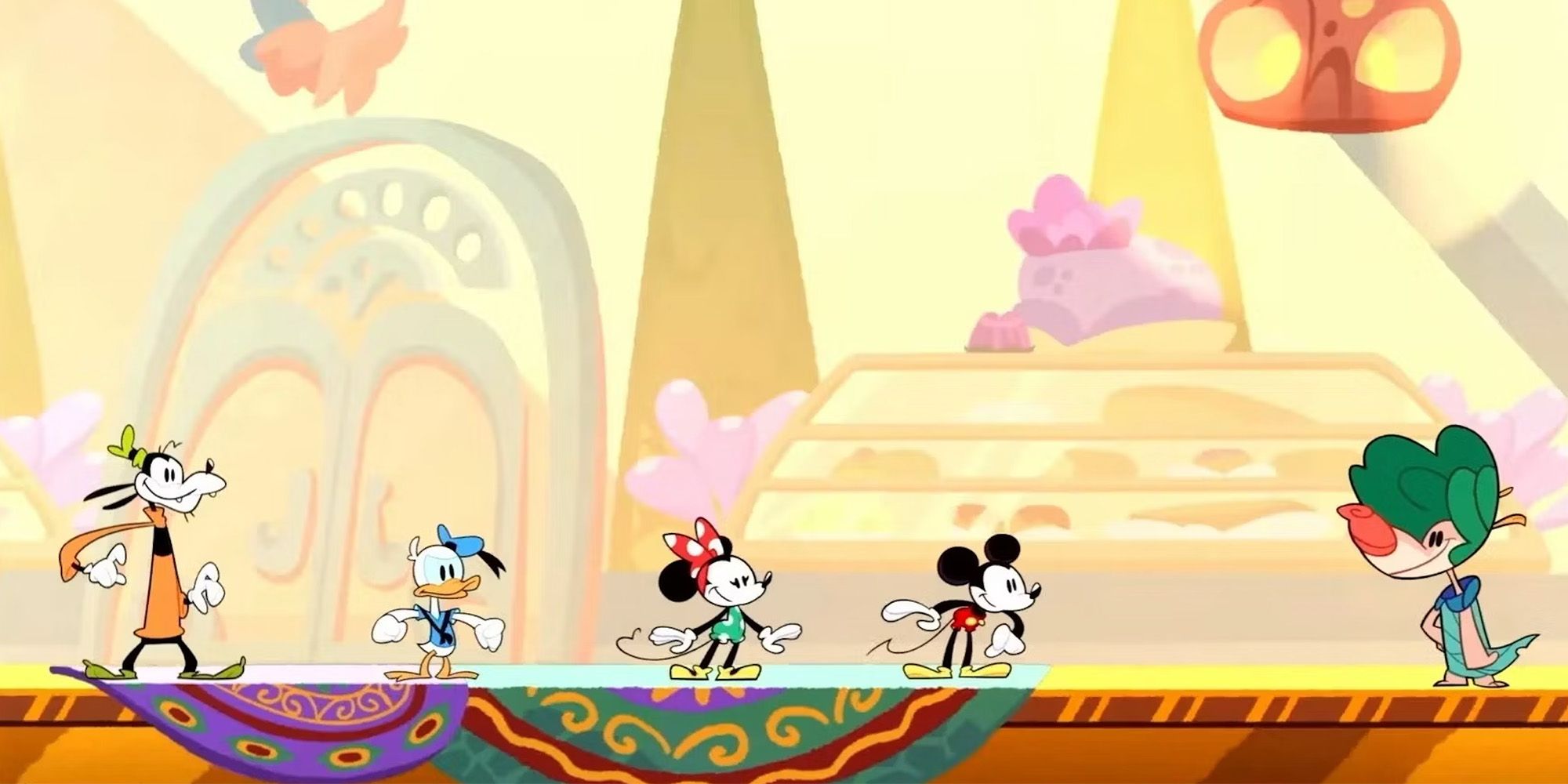 Disney Illusion Island - Mickey, Minnie, Donald, and Goofy talking to an NPC.