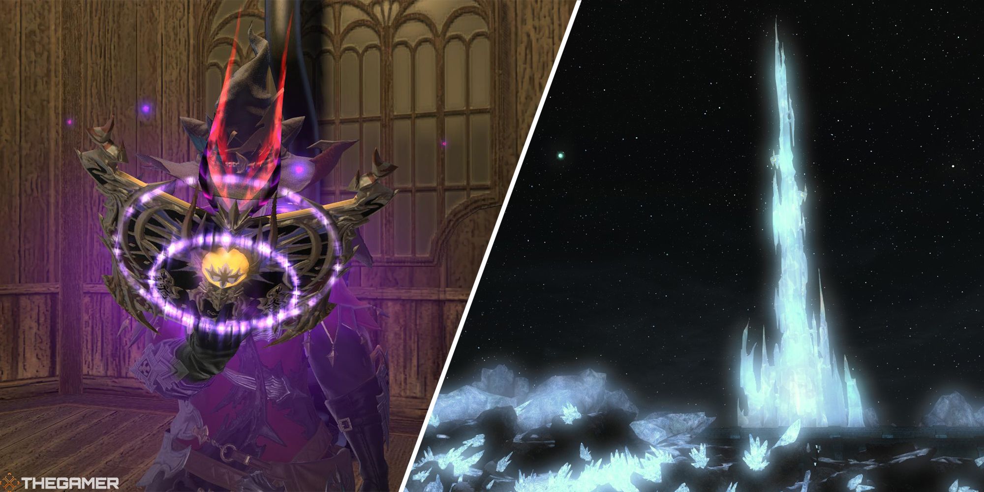 split image of a summoner zodiac weapon and crystal tower in Final Fantasy 14