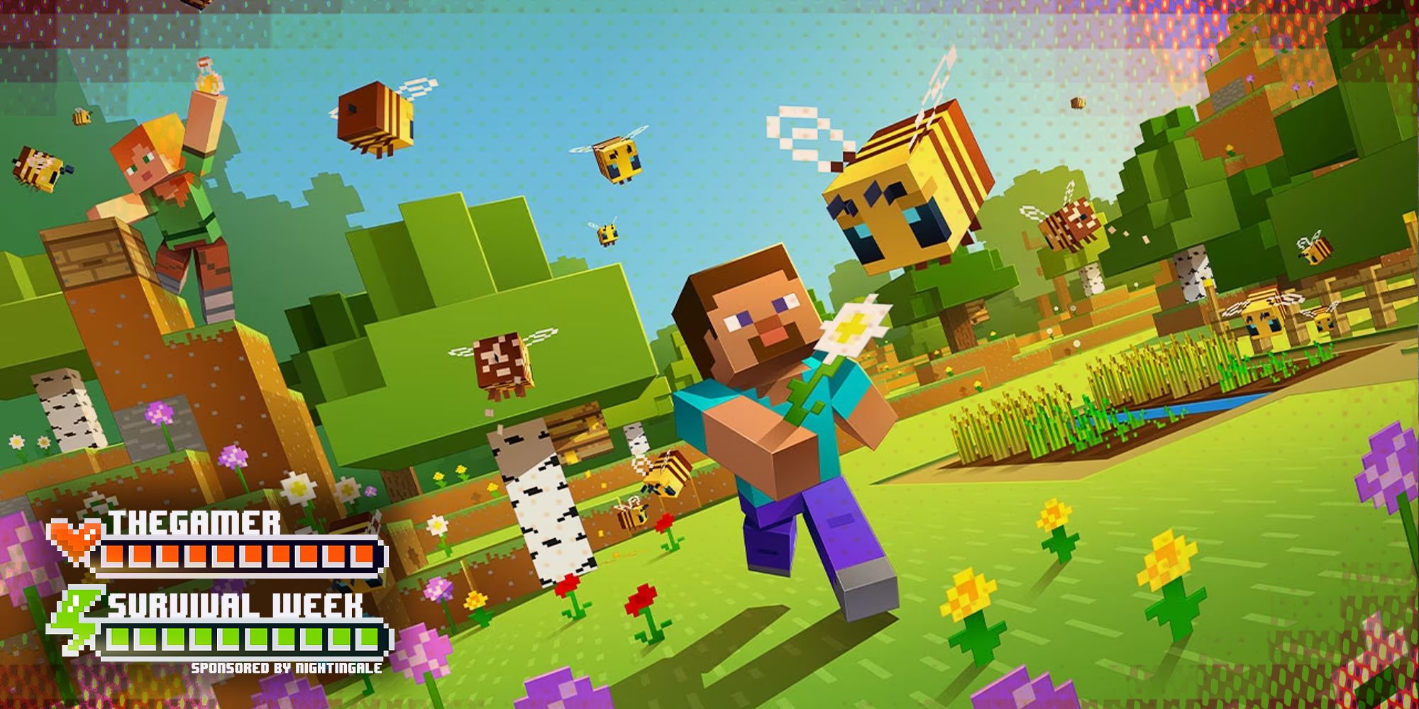 Minecraft players chasing bees with flowers with TheGamer Survival week in the bottom left corner on top of a health and stamina bar